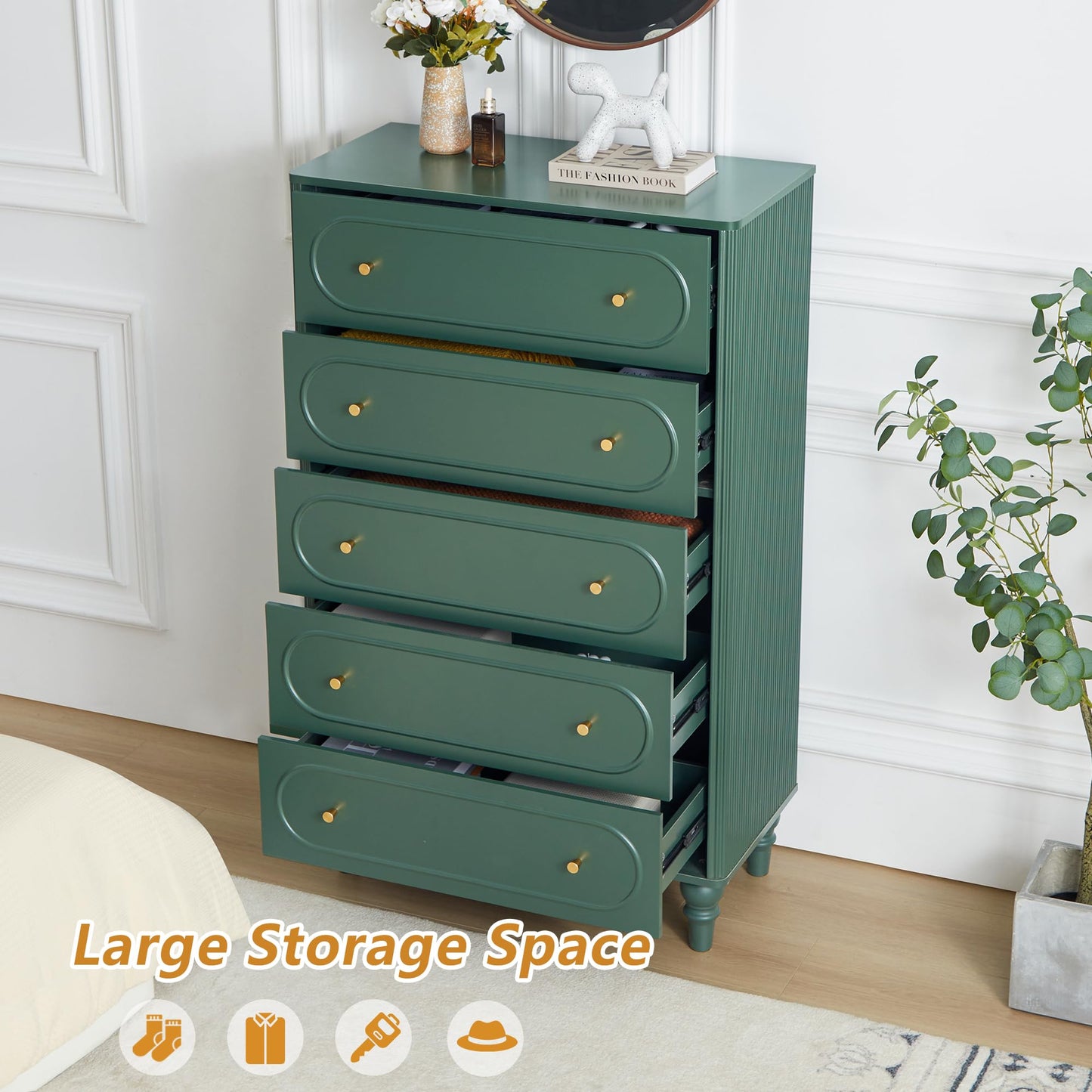 ORRD 5 Drawer Fluted Dresser for Bedroom, Mid Century Modern Chest of Drawers, Wood Storage Large Dresser Organizer for Bedroom Living Room Hallway Closet, Green