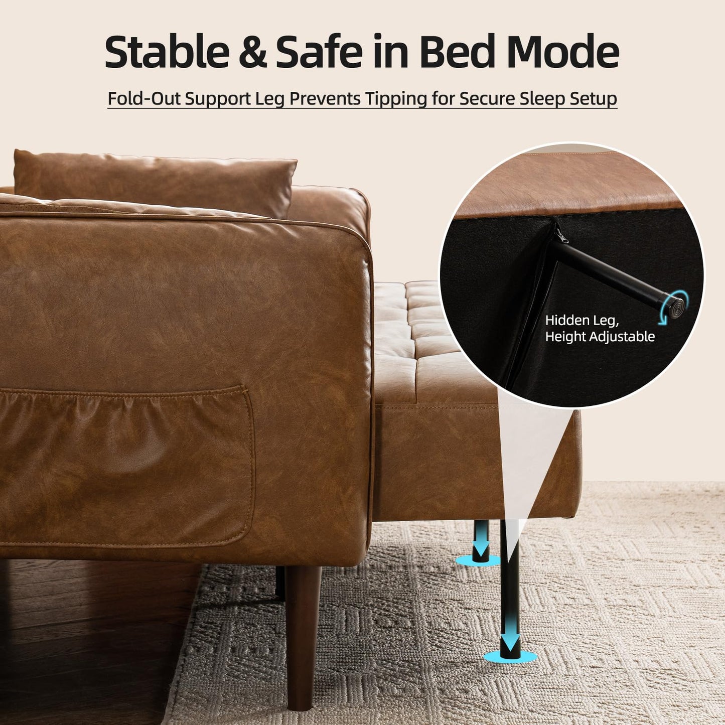 HALLYBEE 85” Futon Sofa Bed, Sleeper Sofa, Small Couch with Storage Adjustable Armrests Pillows, Faux Leather Loveseat, Mid Century Modern Couches for Living Room, Bedroom, Apartment, Brown