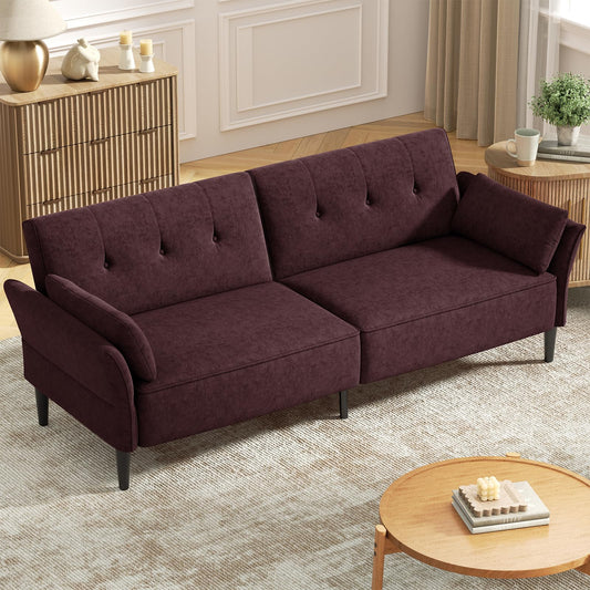 COPIAE 89” Futon Sofa Bed, Velvet Fabric Comfy Futon Couch Bed with 2 Square Pillows, Convertible Sleeper Sofa with Adjustable Backrest& Armrests, Modern Loveseat Sleeper for Living Room, Burgundy