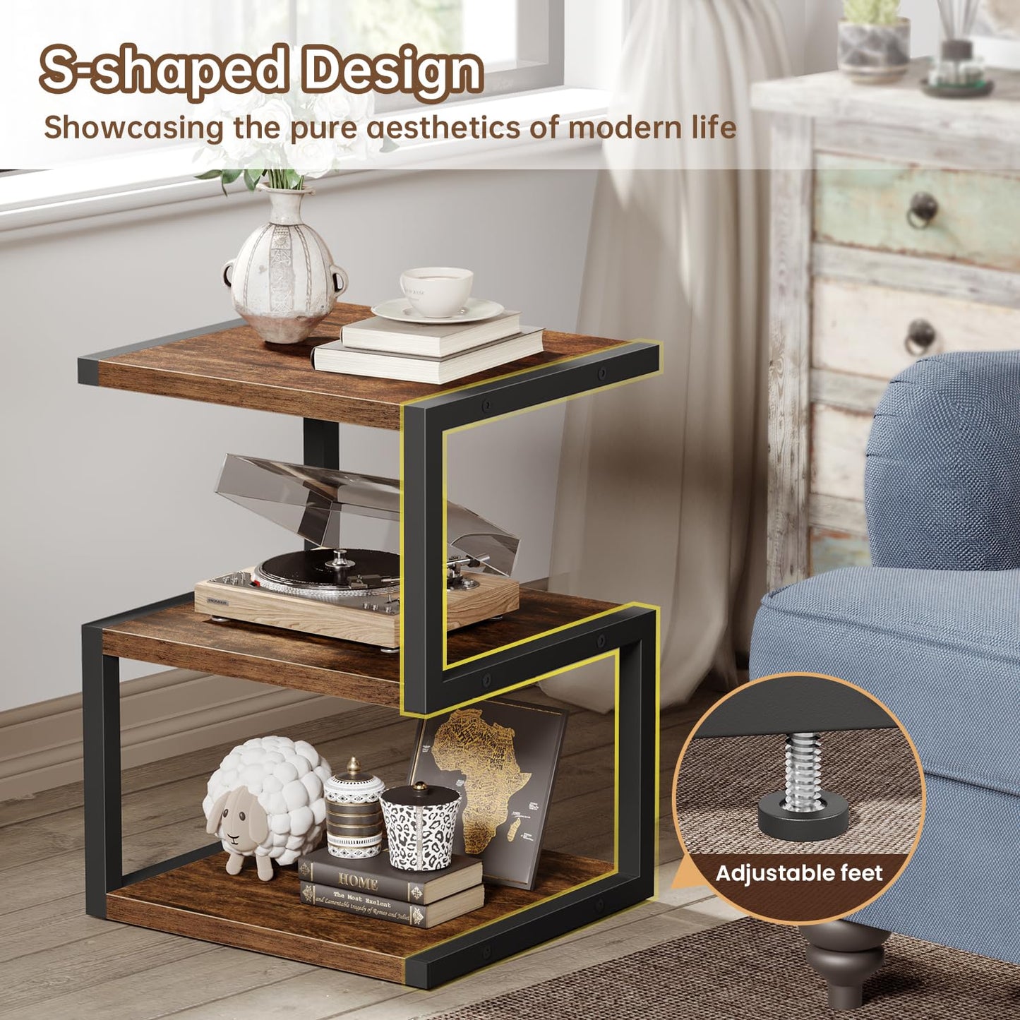 Asgolion Side Table with 3-Tier Storage, S-Shape Bedside End Table for Small Spaces, 21.6'' Small Nightstand for Living Room, Bedroom, Easy Assembly, Rustic Brown and Black