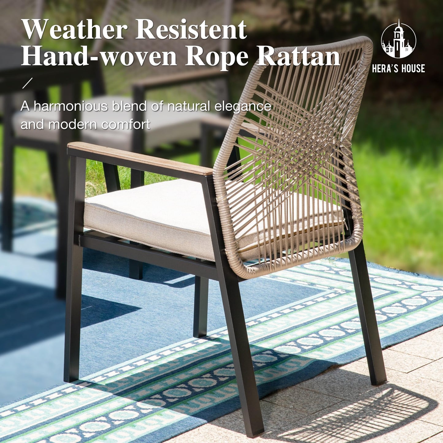 HERA'S HOUSE Outdoor Chairs Set of 4, 36.6" Rattan Dining Chairs with Heavy-Duty Wrought Iron Metal Frame, All-Weather Patio Chair for Garden Lawn Backyard Kitchen Deck