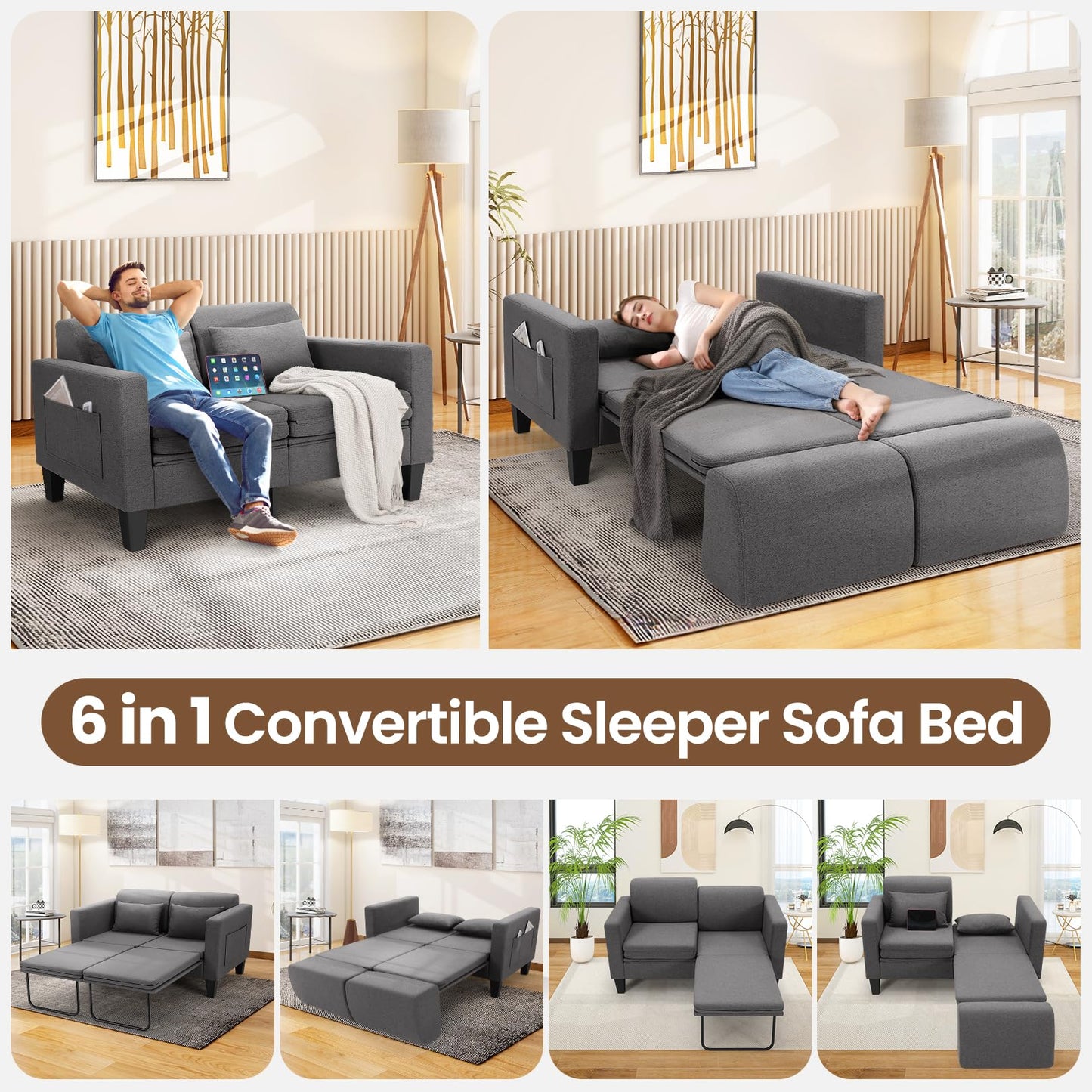 SEJOV 6-in-1 Convertible Sofa Bed, 58" Loveseat Sleeper Sofas with Pull Out Couch Bed, Removable Backrest, Storage Pockets and 2 Pillows, Modern Folding Linen Futon Couch for Small Spaces, Gray