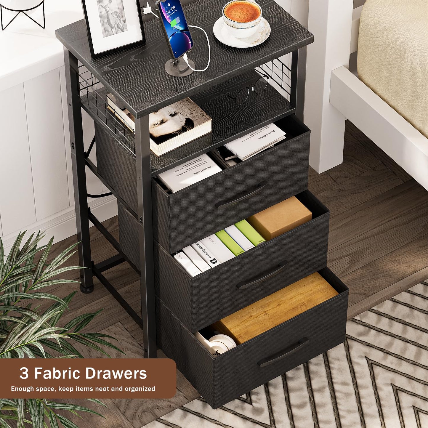 LAKEMID Night Stand Set 2 with Charging Station, End Table Set of 2 with 20 Colors LED Light Strip, 3 Fabric Drawers, Bedside Table with USB Ports and Outlets for Bedroom (Black)