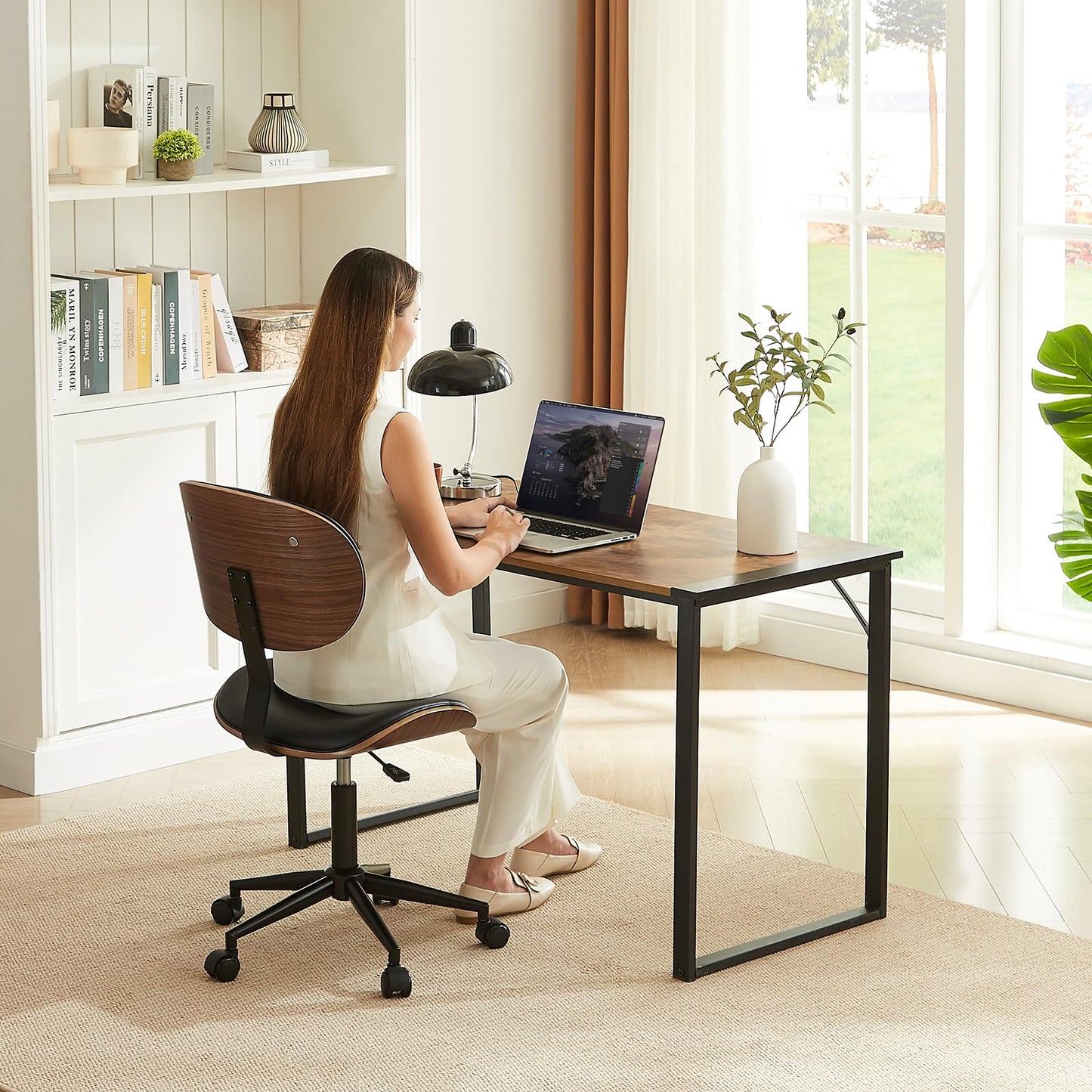 Bestier Small Office Chair with Bentwood Back Support, Armless Desk Chair with 360° Swivel, Height Adjustable Computer Chair with Wheels, PU Leather Modern for Office, Small Space, Black