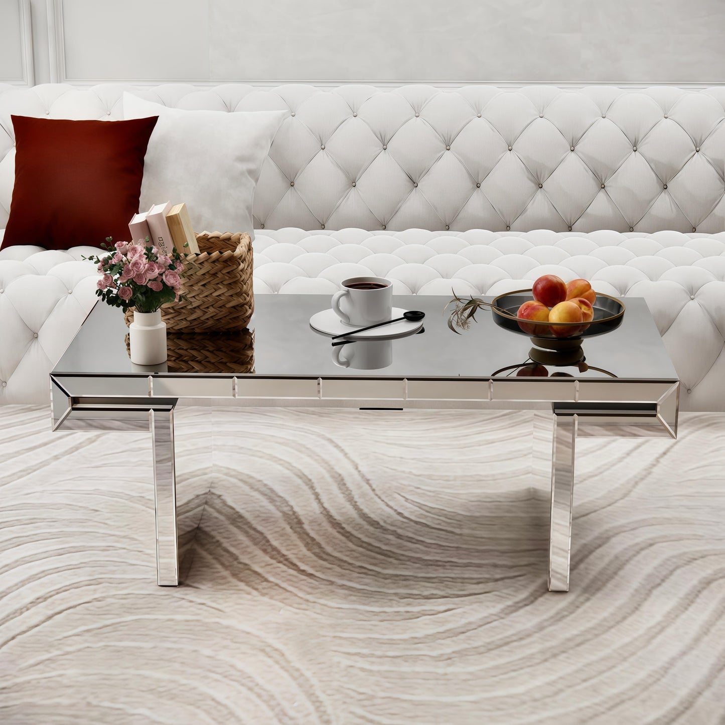 Silver Mirrored Coffee Table, 48" Rectangle Modern Coffee Table with Fluted Tempered Glass, Luxury Mirrored Center Table Accent Coacktail Tea Tables for Living Room Home Office