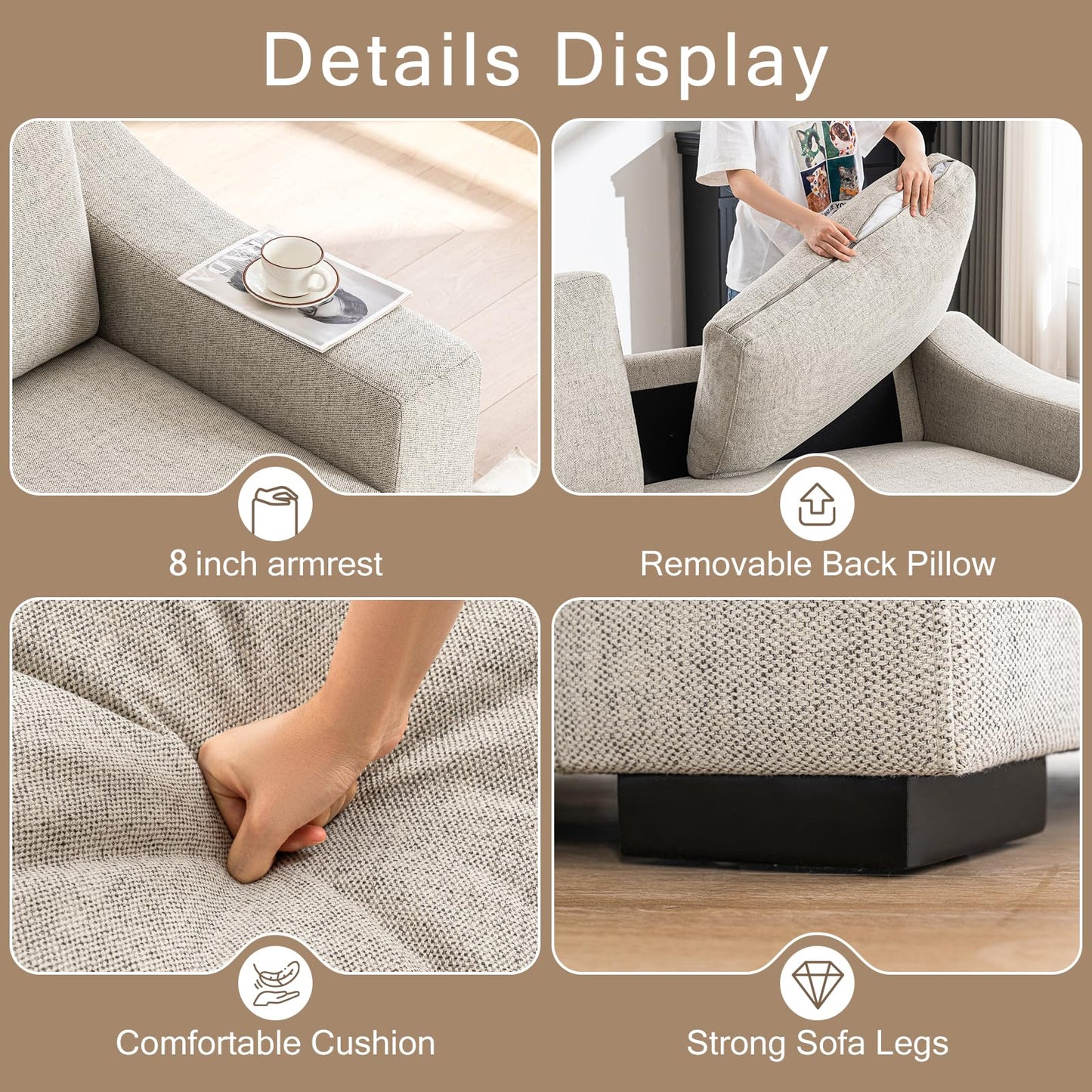 ELUCHANG Oversized 85" Deep Seat Sofa, Modern Couches for Living Room, 3 Seater Natural Linen Sofa, Upholstered Cushion & Detachable Cover, Comfy Sofa Couch for Apartment, Oatmeal