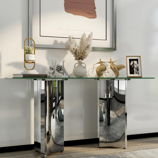 Asday Silver and Glass Console Table, 60 Inch Sofa Table, Silver Rectangle Entryway Table with Polished Mirror Base for Living Room, Hallway