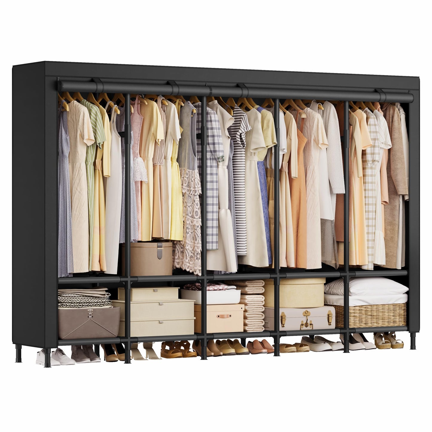SONGMICS Wardrobe Closet, 83.5 Inch Large Capacity Portable Closet, Clothing Rack, 25 mm Dia,Thick Steel Tubes, Clothes Organizer with Fabric Cover, 5 Hanging Rails, 10 Shelves, Ink Black URDR095B01
