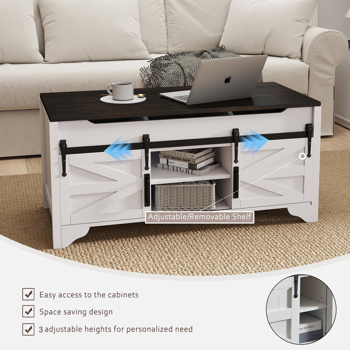 Kmax Lift Top Coffee Table, Farmhouse Coffee Table with Hidden Storage & Sliding Barn Door, Modern Rectangular Rustic White Living Room Center Table, Black Top