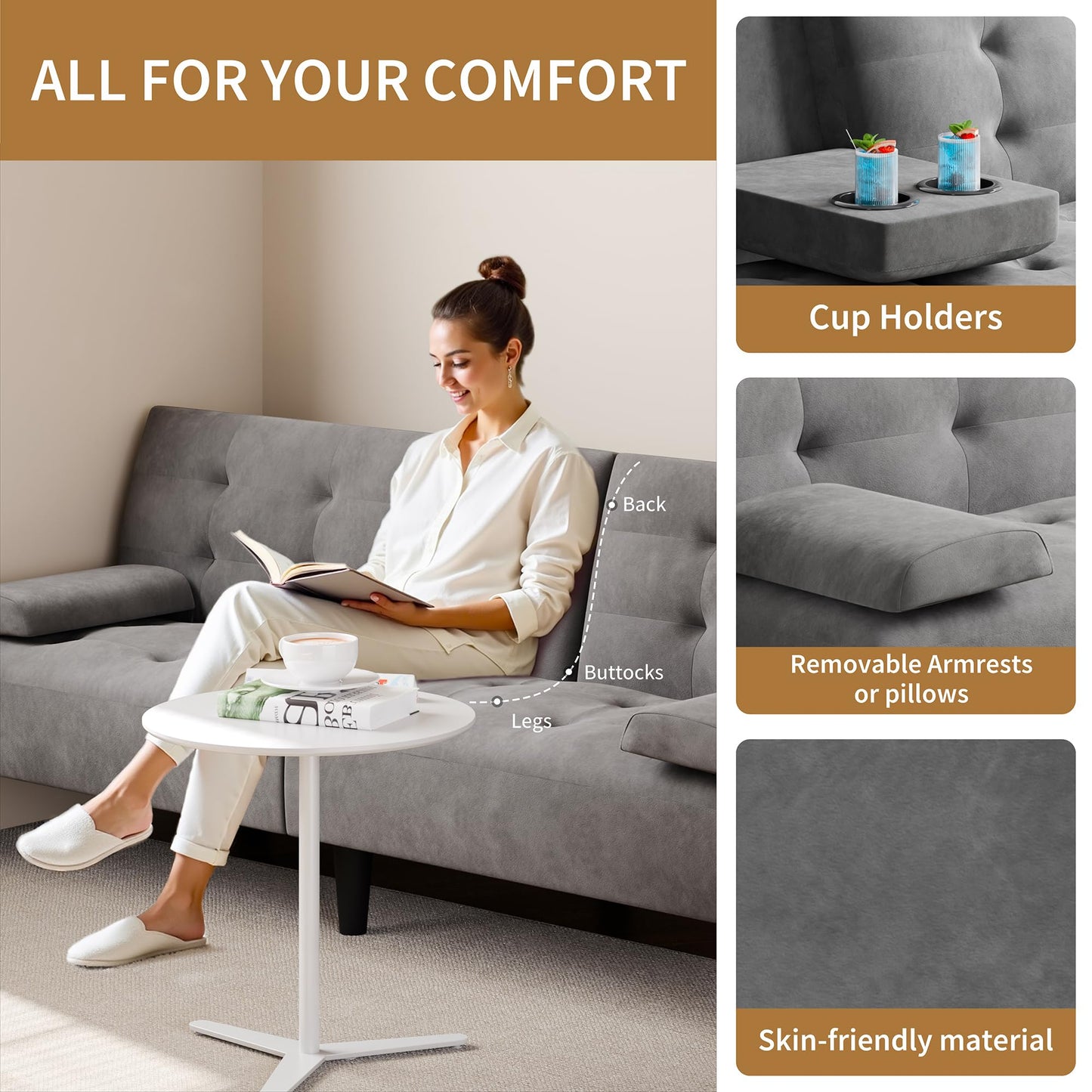 JAMFLY Sofa Bed Futon Couches, Modern Convertible Folding Loveseat - Multi-Functional Recliner with 3-Angle Adjustment, Detachable Armrests with Cup Holders - Ideal for Small Spaces, Dark Drey Velvet