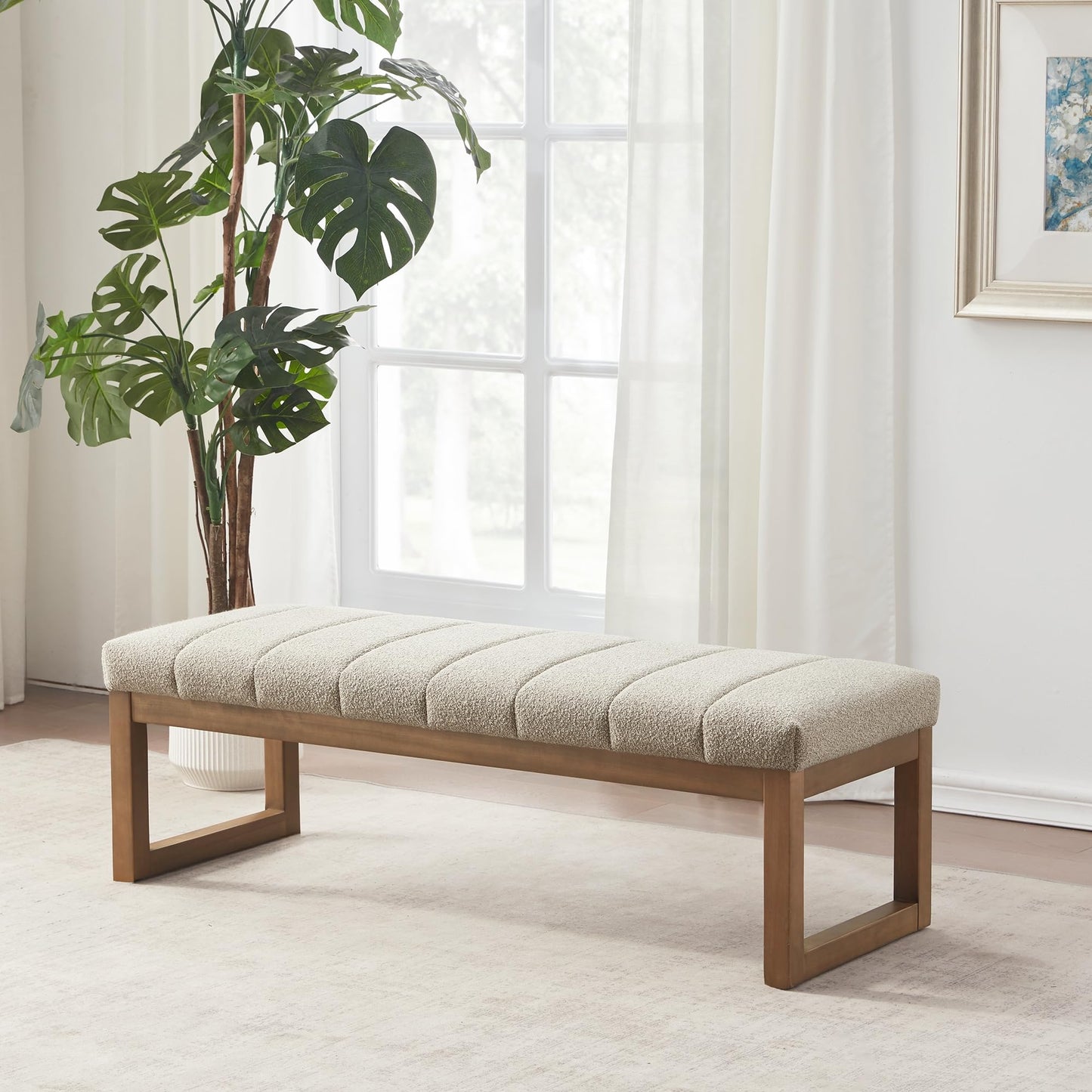 Zihanhome 52.7" Bedroom Bench for End of Bed, Modern Upholstered Teddy Fabric Entryway Bench & Dining Bench, Footrest Stool Bench with Solid Wood Frame for Bedroom, Living Room (Camel)