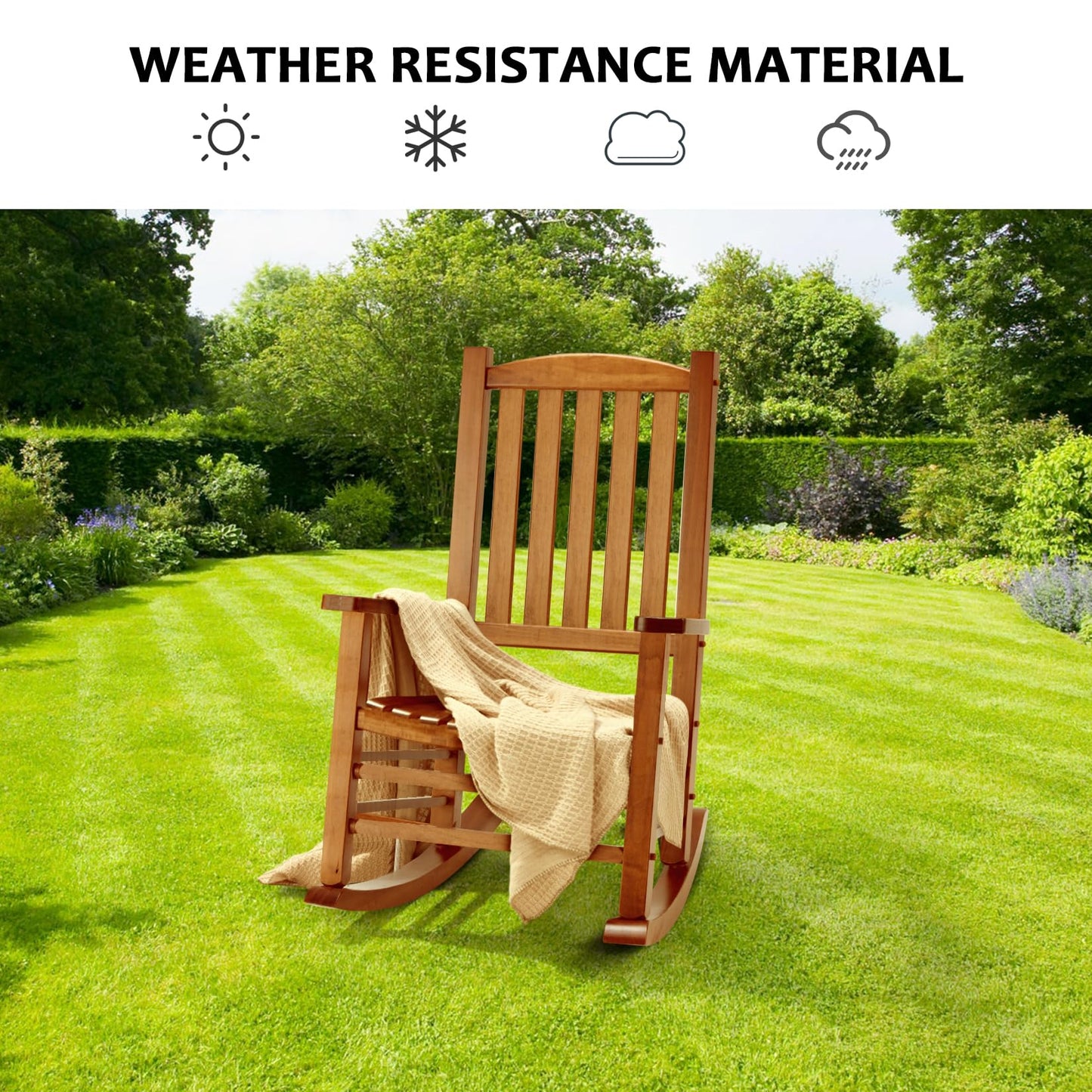 Hupmad Wooden Oversized Porch Rocker Chair with High Back and Armrest, All Weather Slatted Rocker for Backyard, Garden, 400 lbs Support, Natural