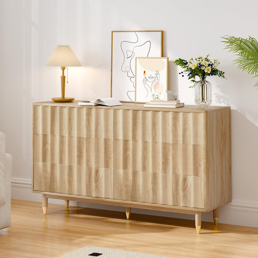 Caspellaire Fluted 6 Drawer Dresser, 53" Wide Modern Chest of Drawer, Dresser TV Stand,Wood Drawer Organizer for Bedroom, Living Room, Hallway