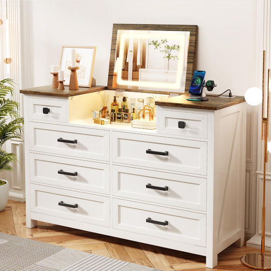 BROTTAR Dresser with Mirror for Bedroom, Chest of Drawers with LED Mirror, 8 Drawer Dresser with Charging Station, White Kids Dressers, Farmhouse Makeup Vanity with Storage for Bedroom
