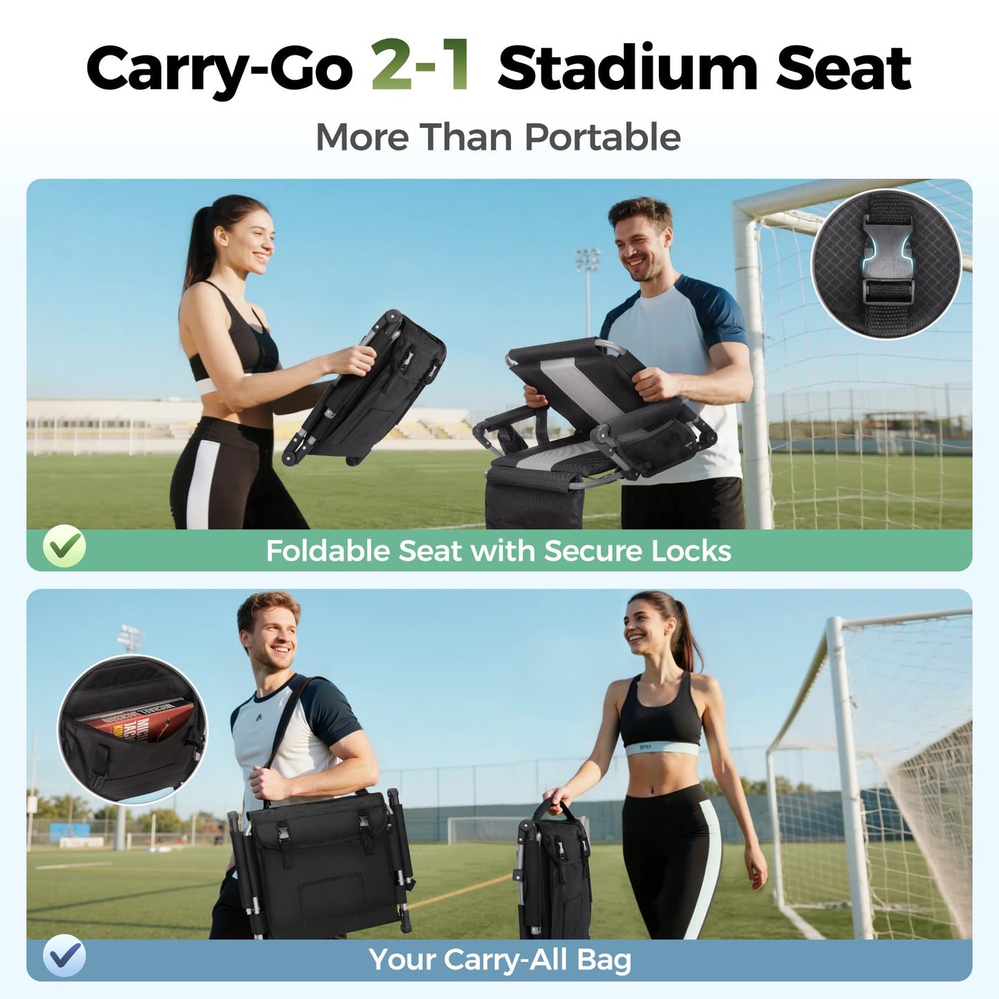 ALPHA CAMP Stadium Seat Chair for Bleachers with Back & Arm Rest (Black Grey)