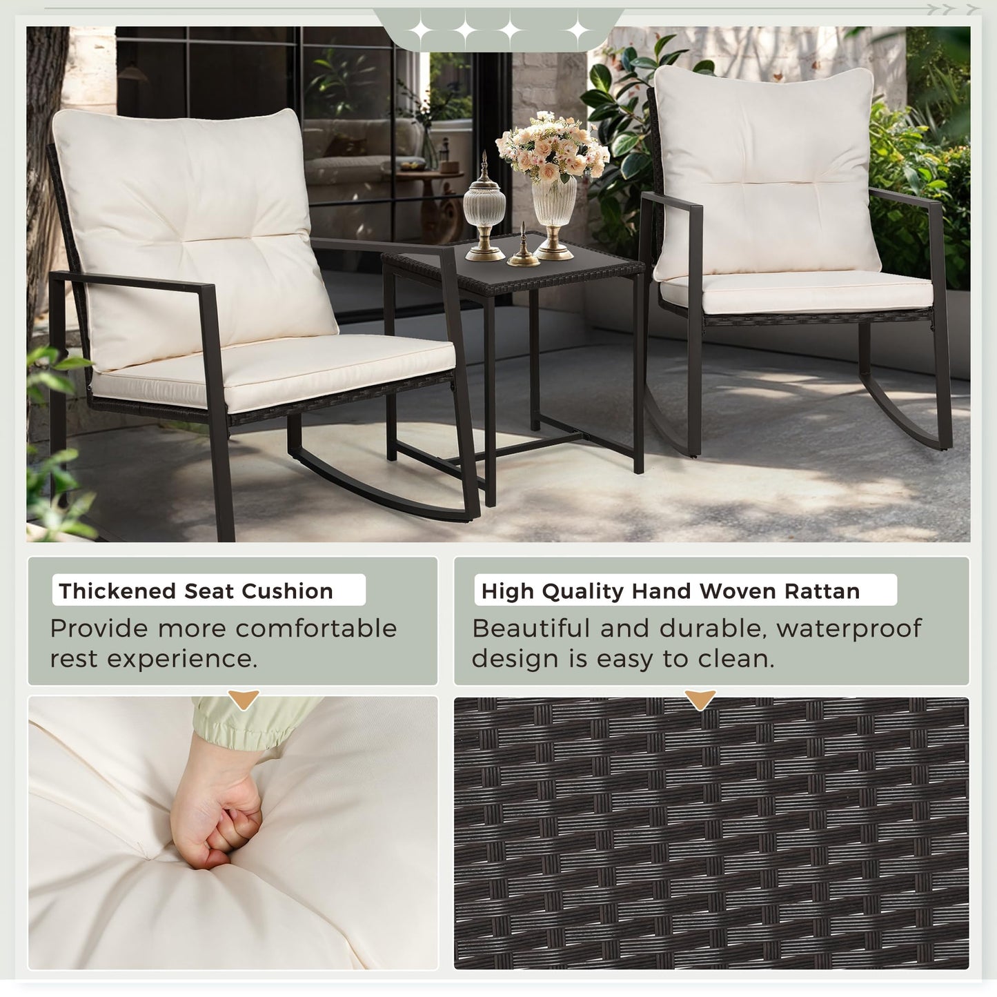 SUNCROWN 3 Piece Outdoor Rocking Bistro Set Black Wicker Furniture Porch Chairs Conversation Sets with Glass Coffee Table, Beige