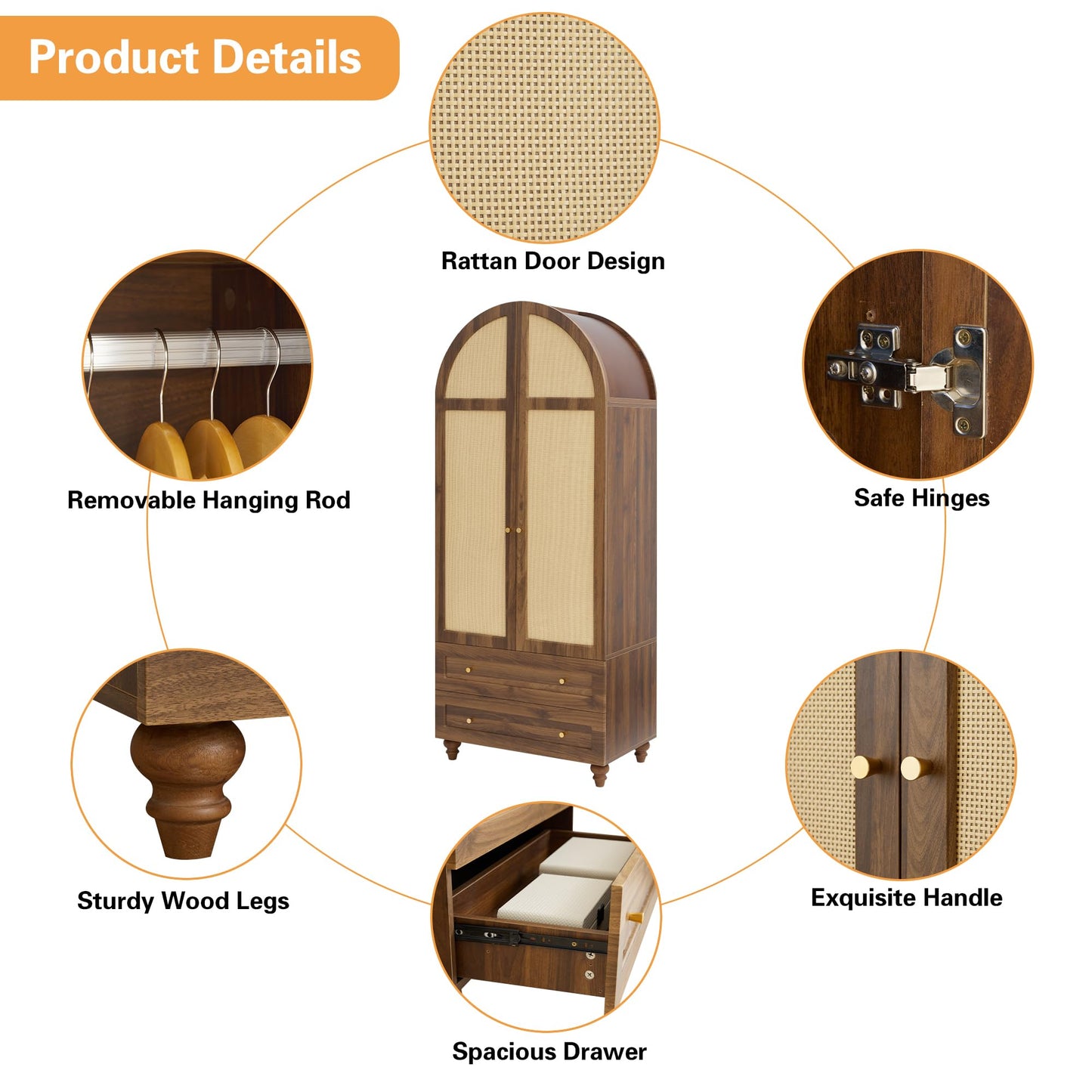 YUCHIATH Arched Armoire Wardrobe Closet with 2 Rattan Doors, Wooden Wardrobe Closet with 2 Drawers, 74.8 "H Bedroom Armoires with Hanging Rod (Walnut1)
