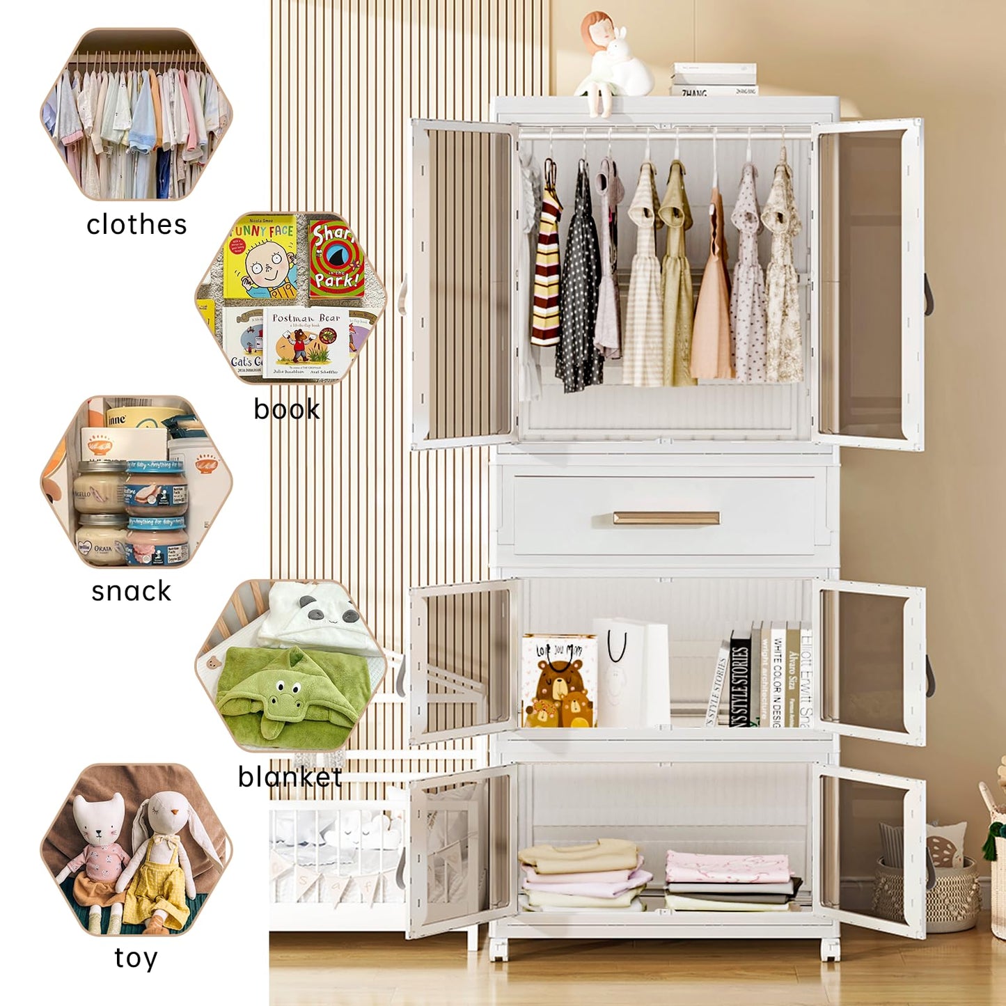 MU TU HD Large Portable Kids Closet Children's Armoire Adults Clothes Wardrobe Closet with Drawers and Doors, Collapsible Baby Costume Storage Organizer Kids Dress Up Storage Cabinet with Hanging