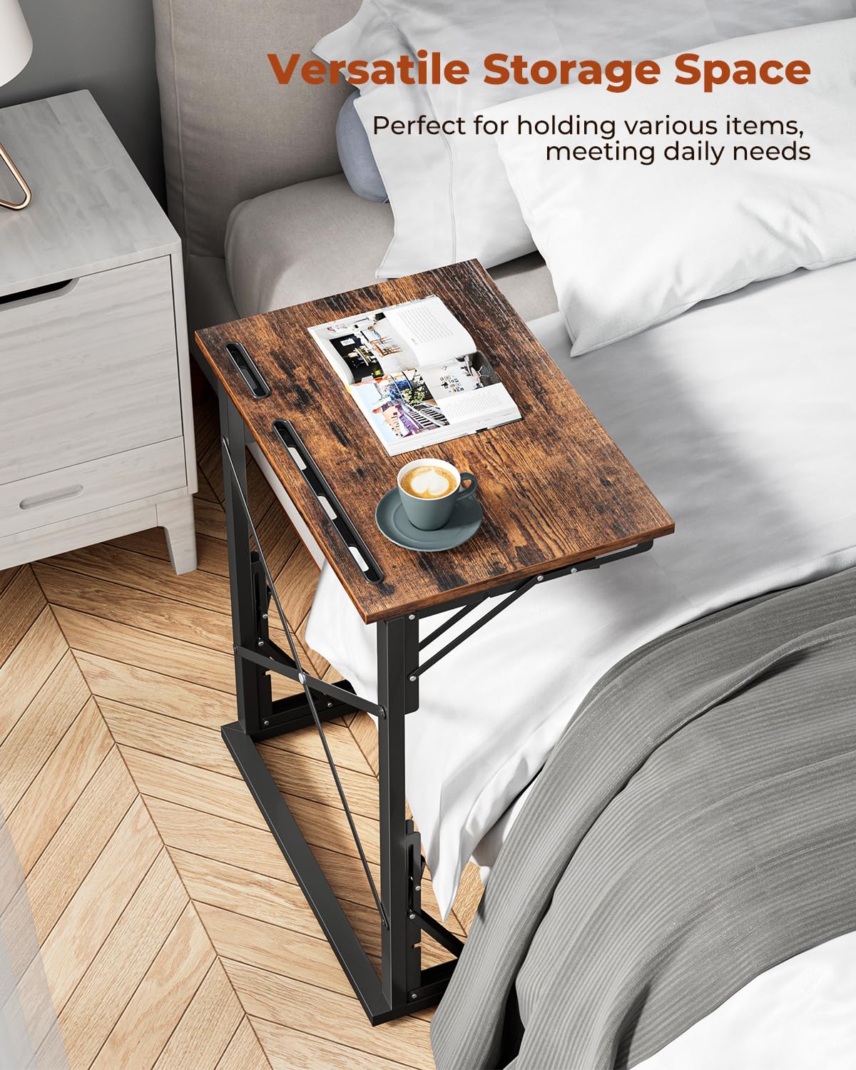 Evermagin 21''Wx28''H Folding TV Tray, Small Foldable C-Shaped End Table for Eating with Tablet and Phone Slots, Slide Under Couch Side Table for Recliner, Living Room, Bedroom, Rustic Brown