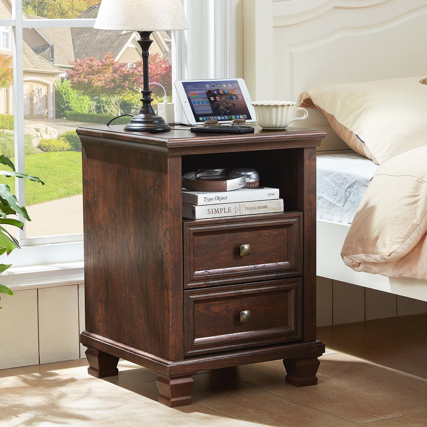 SAVOR LIFE Farmhouse Nightstand Set of 2 with Charging Station, Rustic Brown Nightstand,2 Drawers End Table for Living Room,Bedside Table with Open Shelf for Bed Room,Walnut