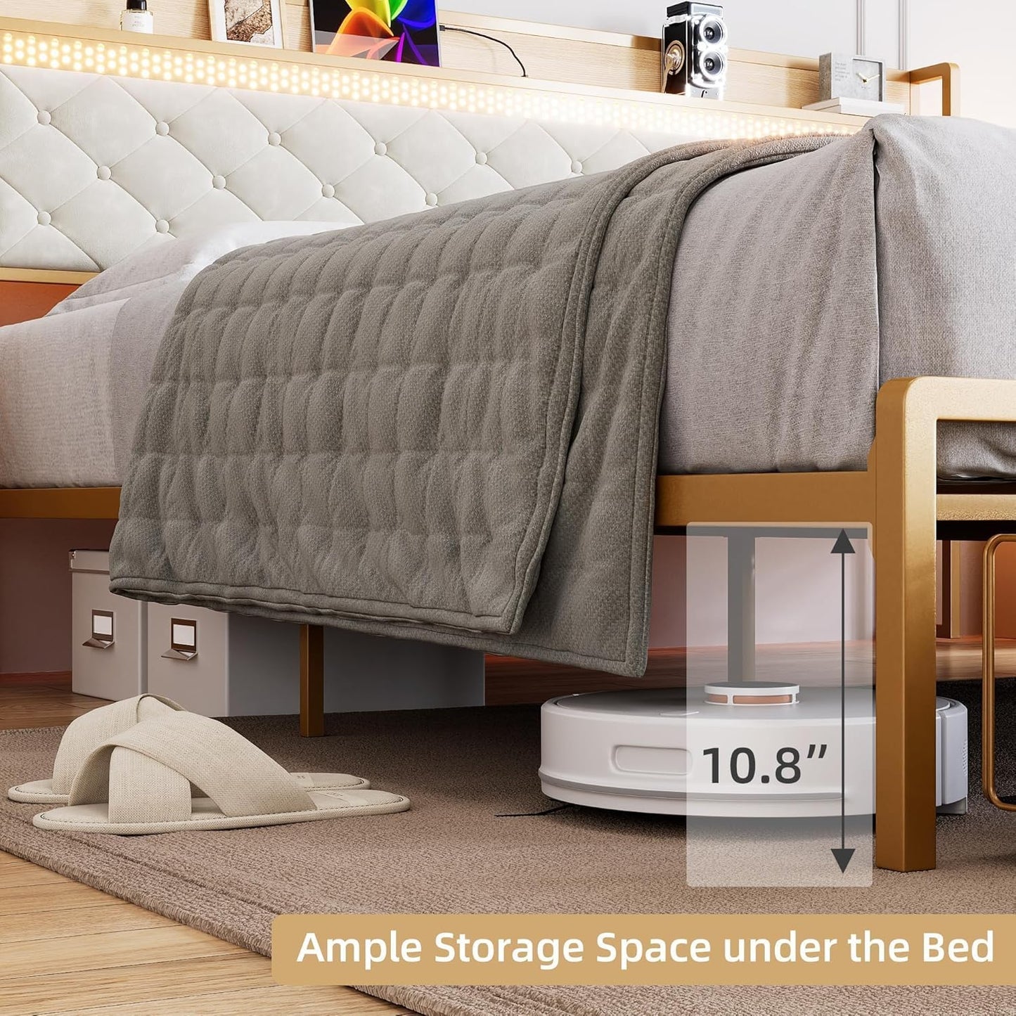 GAOMON King Size Bed Frame with Storage Headboard and Charging Station, Metal Platform Bed Frame with 2 Storage Drawers and LED Lights, Noise-Free, No Box Spring Needed, Rustic White