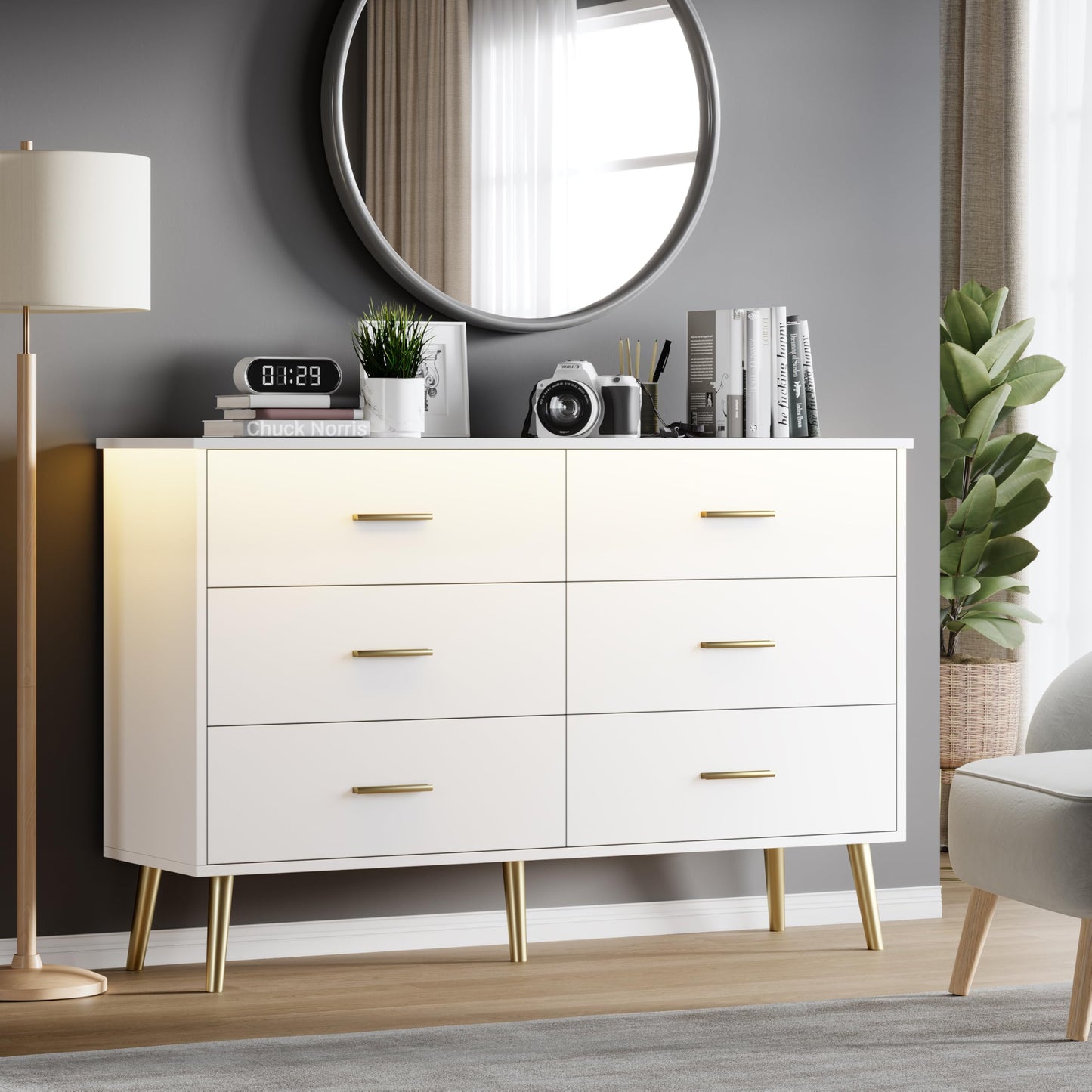 White Dresser for Bedroom, Dressers & Chests of Drawers for Clothes Storage, Wood Dresser for Closet with 6 Drawers, Wide Long Clothes Organizer with LED Light for Hallway, Entryway, Metal Handles