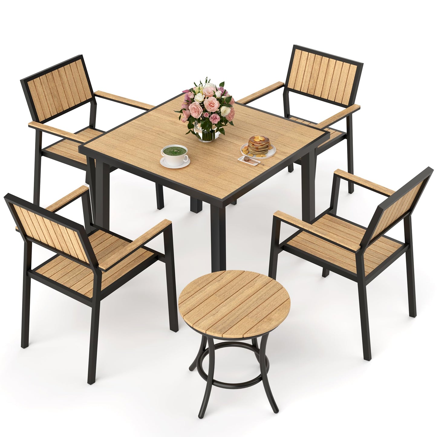 Pamapic 6-Piece Patio Dining Set，Outdoor Aluminum Furniture Set with Plastic-Wood Table Top,Outdoor Furniture Set with 4 Outdoor Stackable Chairs for Patio Garden Poolside (Teak)