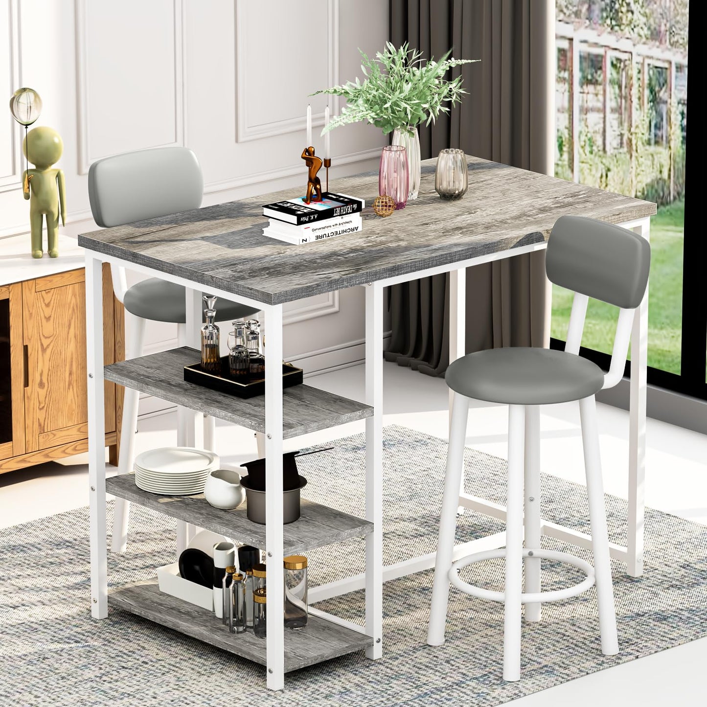 DKLGG Dining Table Set for 2, Counter Height Pub Table with 2 PU Leather Widen Backrest Bar Stools & 3 Storage Shelves, Bar and Chairs Set for Small Space Kitchen, Dining Room, Bar, Grey