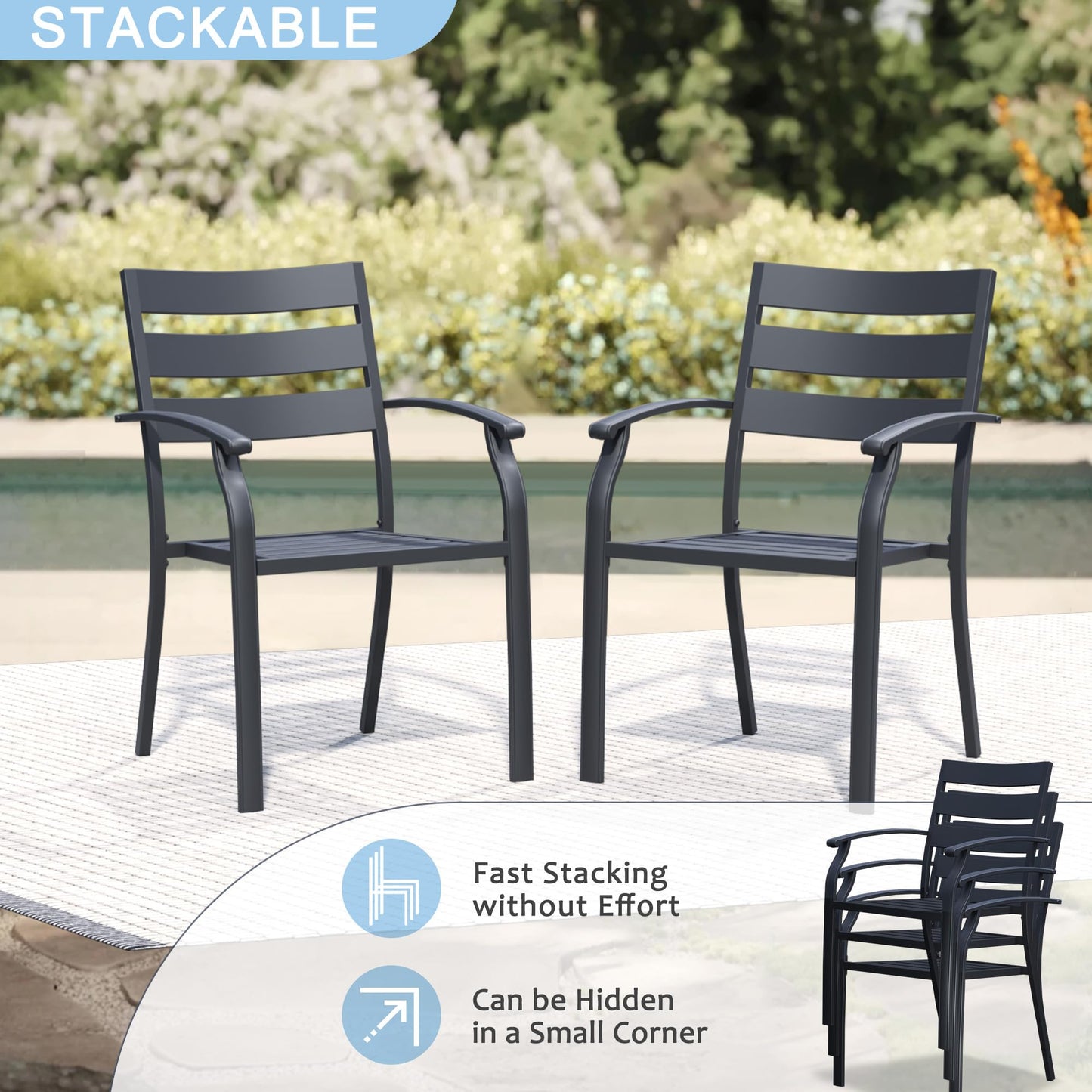 Puntogen Metal Patio Chairs Set of 4, Stackable All-Weather Outdoor Metal Chair, Wrought Iron Patio Chairs with Armrest, Outdoor Dining Chairs for Garden, Poolside, Backyard, Black