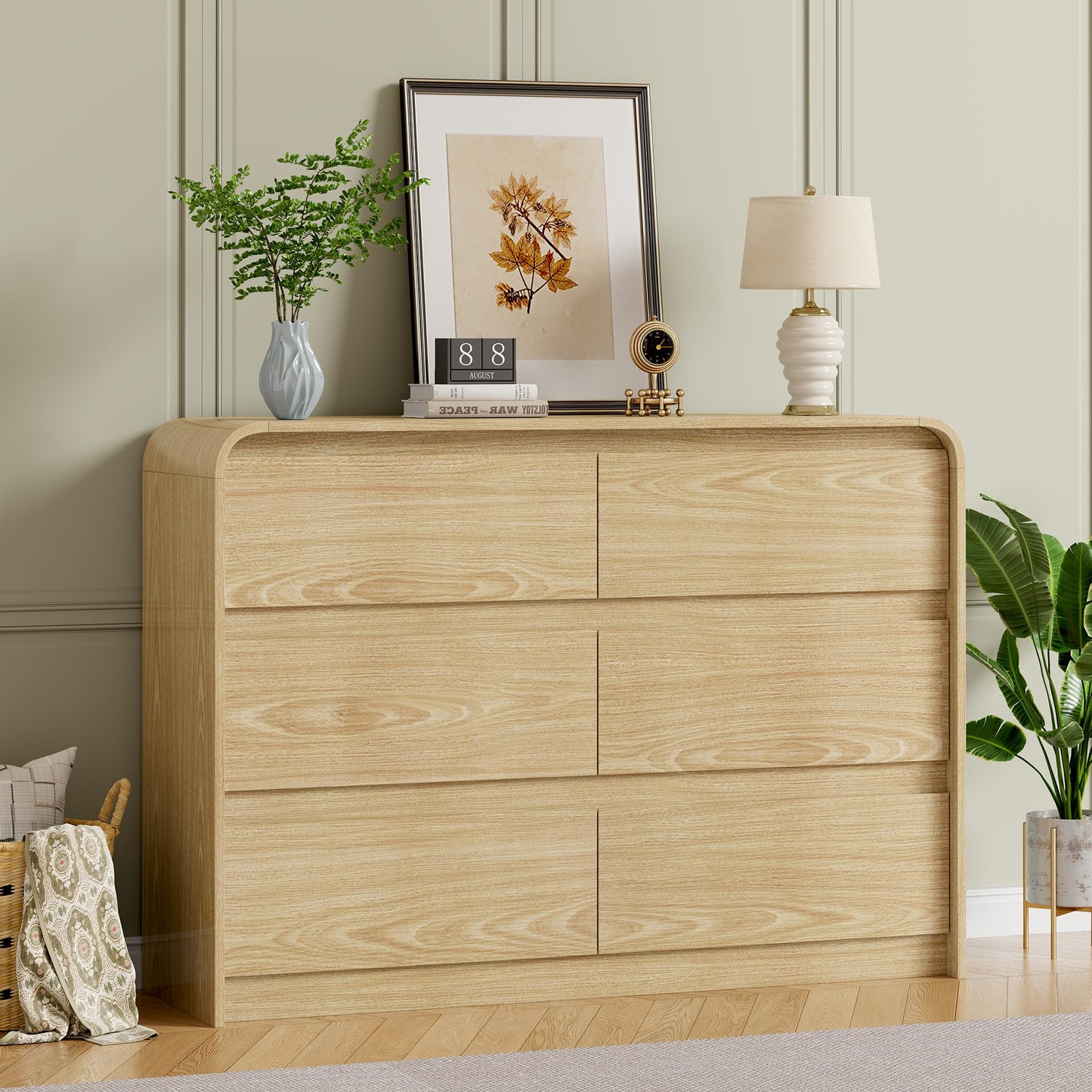 Furniouse Modern Dresser 6 Large Storage Drawers for Clothes Organizer, Modern Chest of Drawers for Closet, 47" Long Curved Profile Design Mid Century Dresser for Bedroom,Living