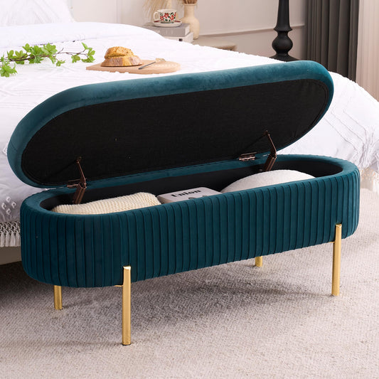 AIITTCC Velvet Storage Bench for Bedroom Upholstered End of Bed Bench Modern Ottoman with Gold Legs for Living Room/Window/Entryway (Teal/Blue-Green, Oval-45.5" W)