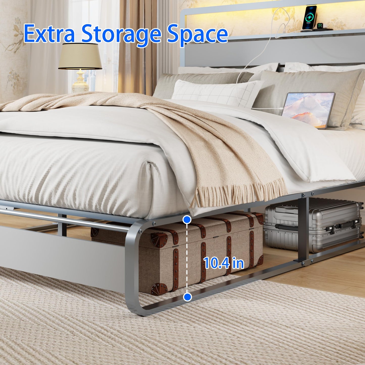 VFJ Large Bed Frame with headboard, Metal Platform Bed Frame with Charging Dock, Heavy-Duty Platform Bed Frame with LED Lights, Easy to Assemble, Silver