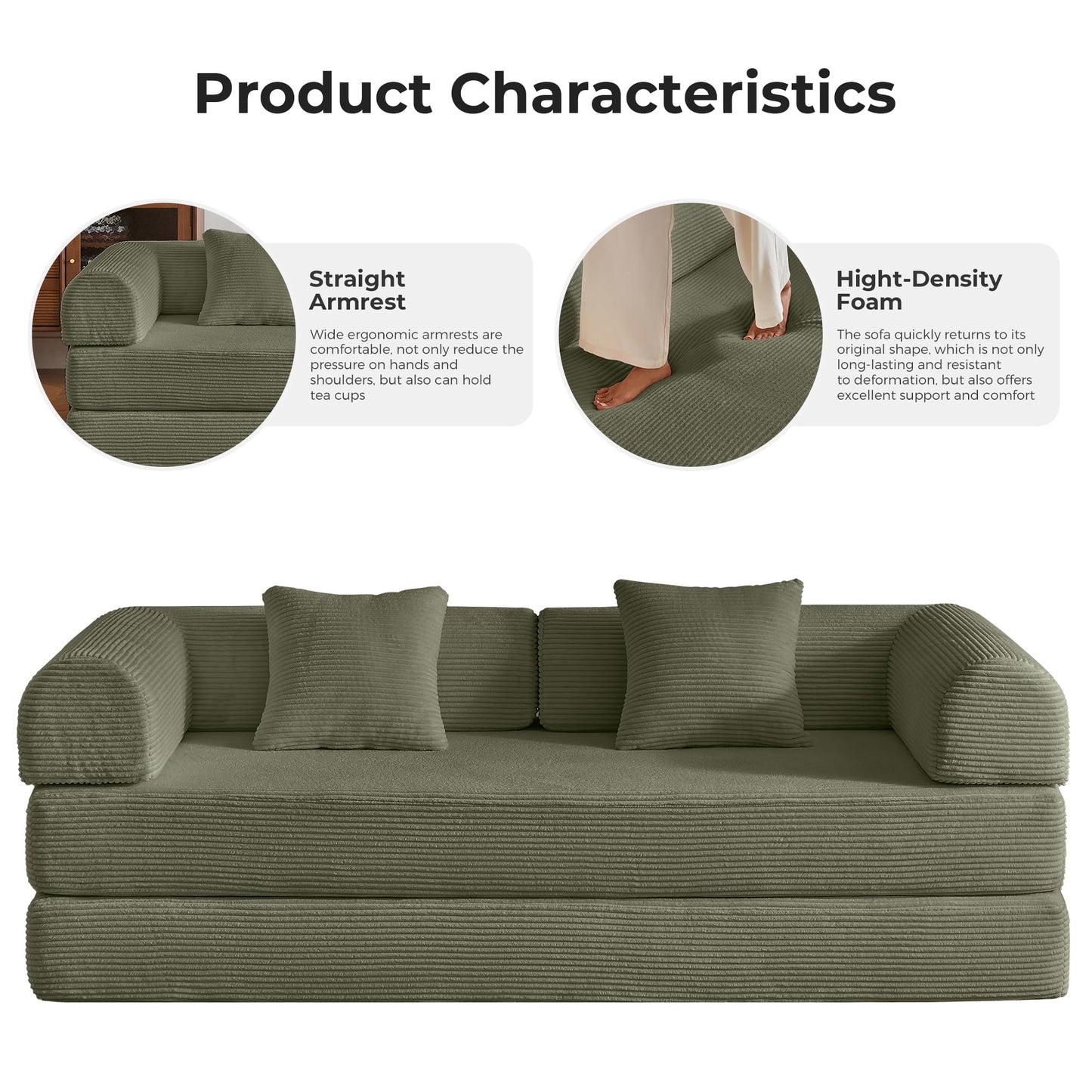 Bsxupke 79" Compression Sofa, Convertible Sleeper Sofa Bed, Couch Bed with Fixed-Shape Frame, Corduroy Floor Sofa, Couches for Living Room with 2 Pillows, No Assembly Required, Green