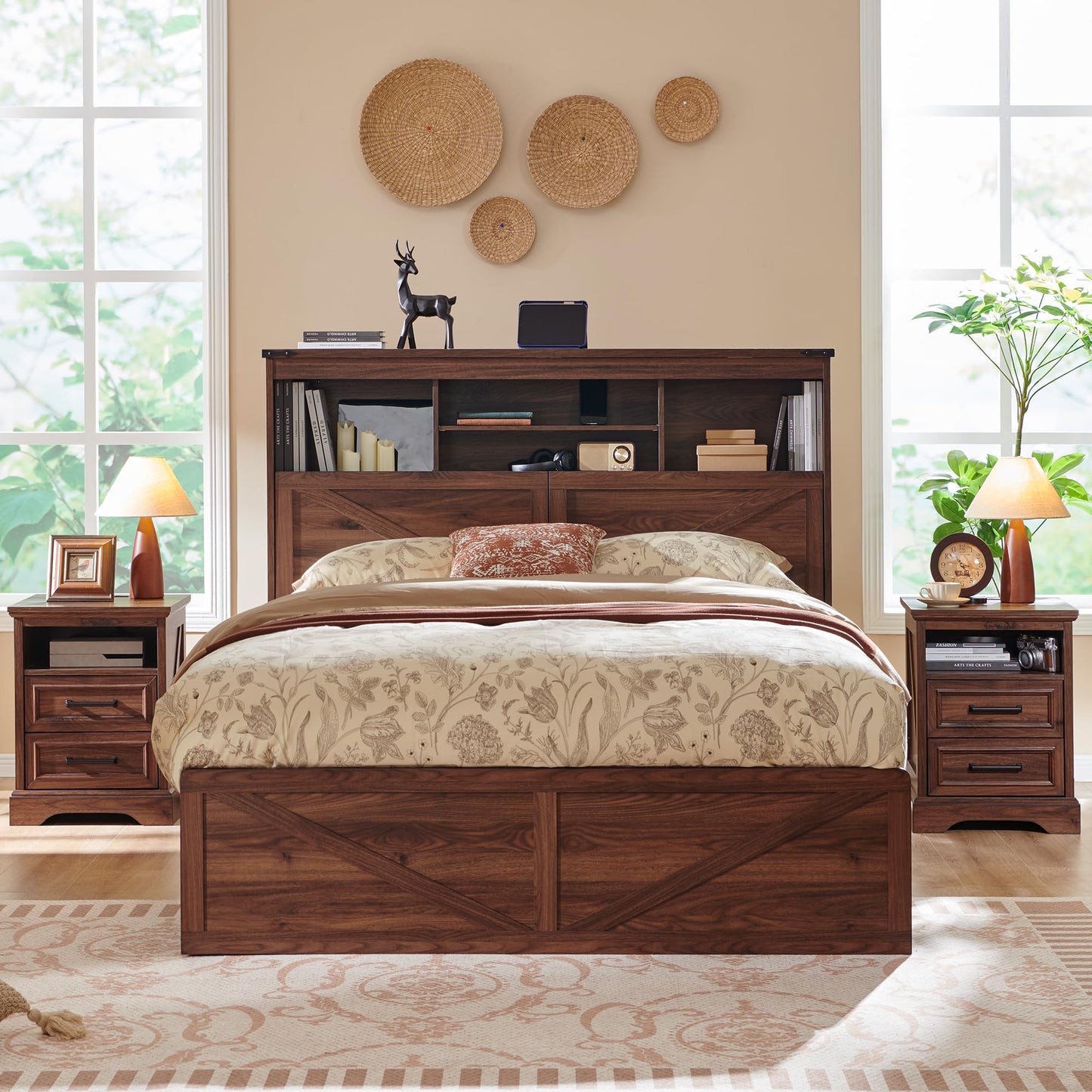 ACCOHOHO Queen Size Wood Bed Frame Farmhouse with 52" Tall Storage Bookcase Headboard, LED Light,Charging Station,4 Drawers and Solid Wood Slats Support,Noiseless,No Box Spring Needed - Brown