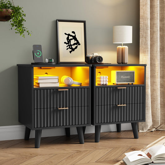 AOGLLATI Fluted Nightstand Set of 2 with Charging Station, Black LED Nightstand with 2 Drawers and Open Storage Cubby, Modern Bedside Table with LED Lights & Metal Handle for Bedroom