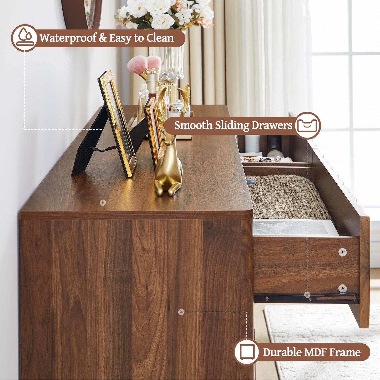 Caspellaire Fluted 6 Drawer Dresser, 53" Wide Modern Chest of Drawer, Dresser TV Stand,Wood Drawer Organizer for Bedroom, Living Room, Hallway