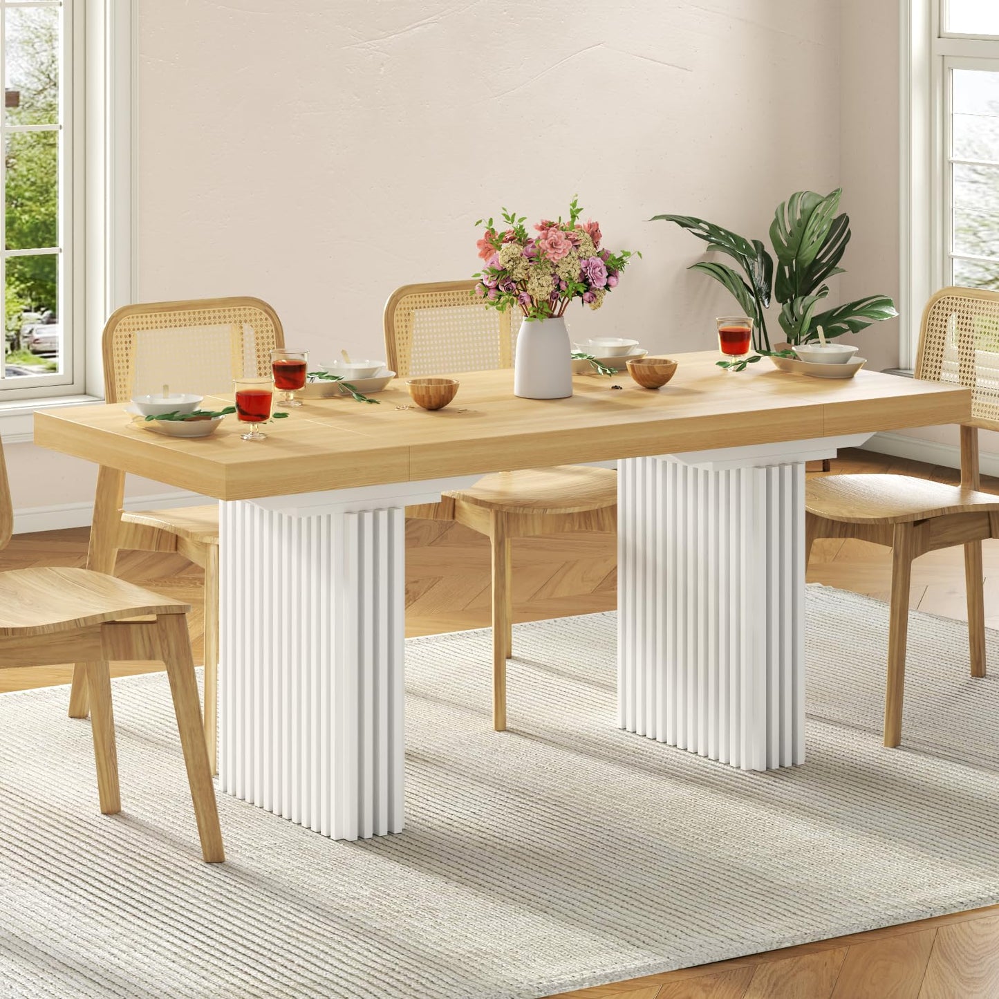 Gyfimoie 71" Large Dining Table for 6-8,Modern Rectangle Kitchen Table with Strip Base,Wood Dining Room Tables with Heavy Duty Legs for Kitchen, Dining Room (Natural)