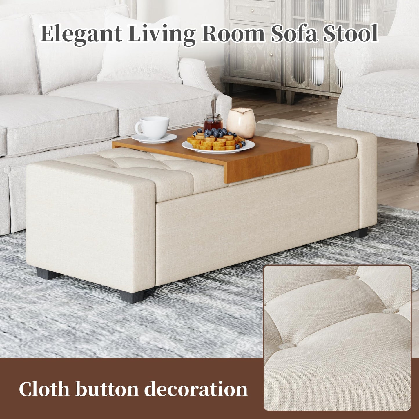 Atrtivoent 47" Ottoman Bench, Living Room Storage Bench with Removable Tray, Upholstered Entryway Bench, Ottoman Bench Seat with Storage for Living Room Bedroom (Beige1, with Tray)