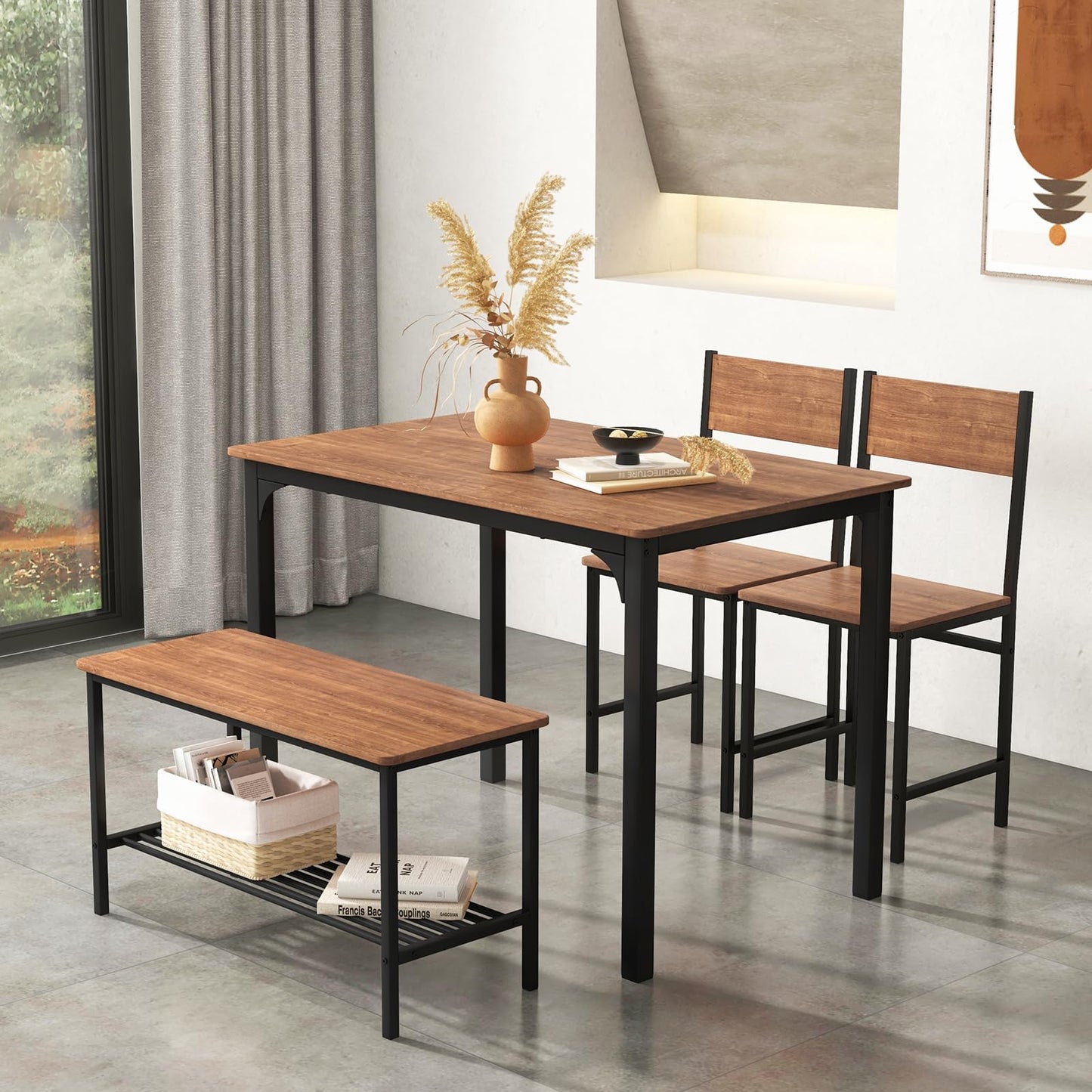 ReunionG Dining Table Set for 4, Modern Dinette with 1 Bench & 2 Chairs, Storage Shelf, 4-Piece Kitchen Table for Small Space, Apartment, Dining Room, Restaurant (Rustic Brown)