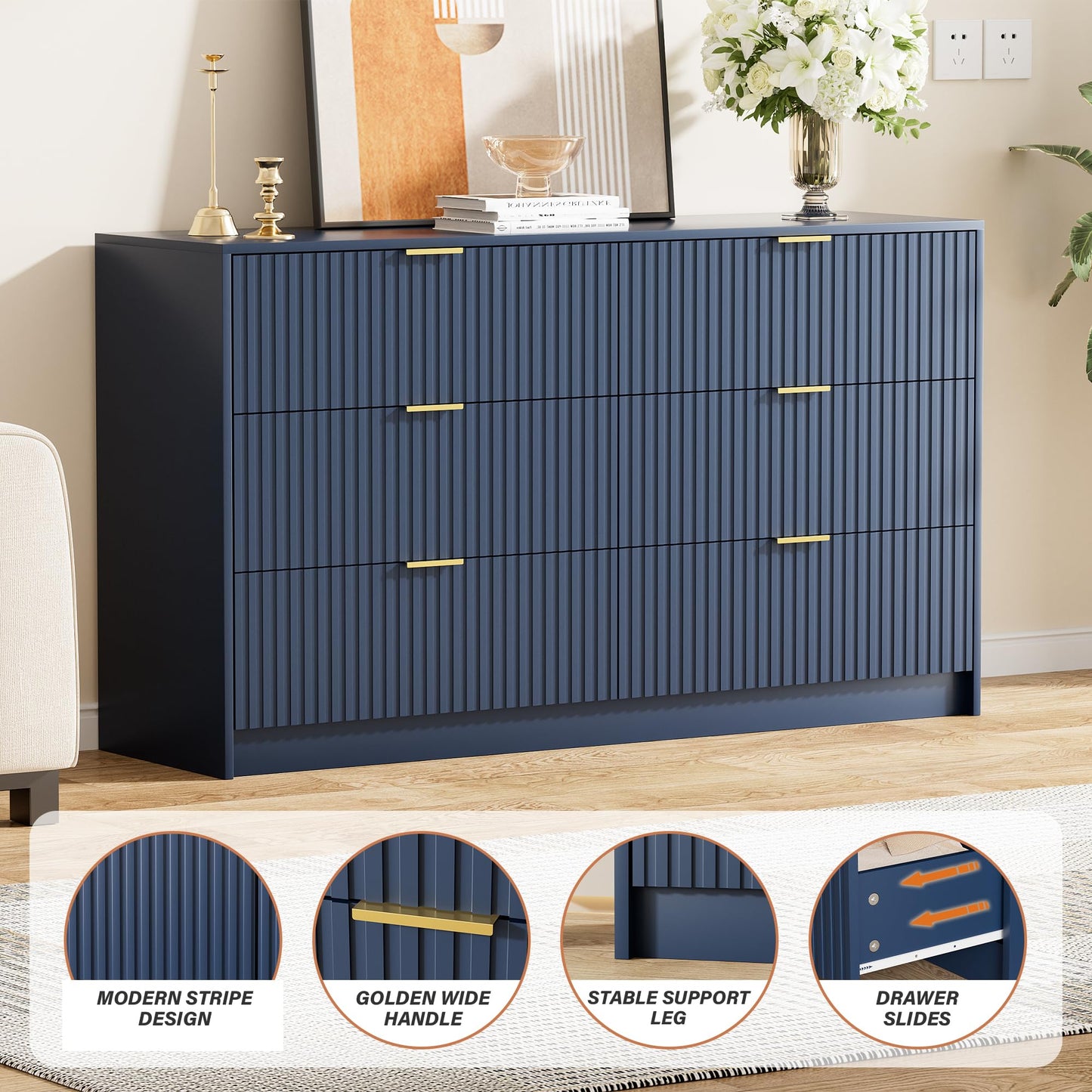 Furniway Navy Blue Dresser for Bedroom, Modern Dresser with 6 Drawers and Smooth Slides, Wide Chest of Drawers with Golden Handles for Bedroom, Living Room, Closet, 15.7" D x 55.1" W x 31.4" H