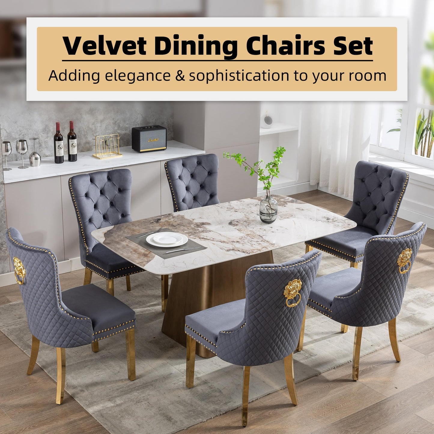 GOOLON Velvet Dining Chairs Set of 6, Upholstered Dining Room Chairs, Mid-Century Modern Chairs with Diamond Lattice Tufted Back, Lion Pull Ring Rivet Trim, Golden Metal Legs for Kitchen, Dark Grey