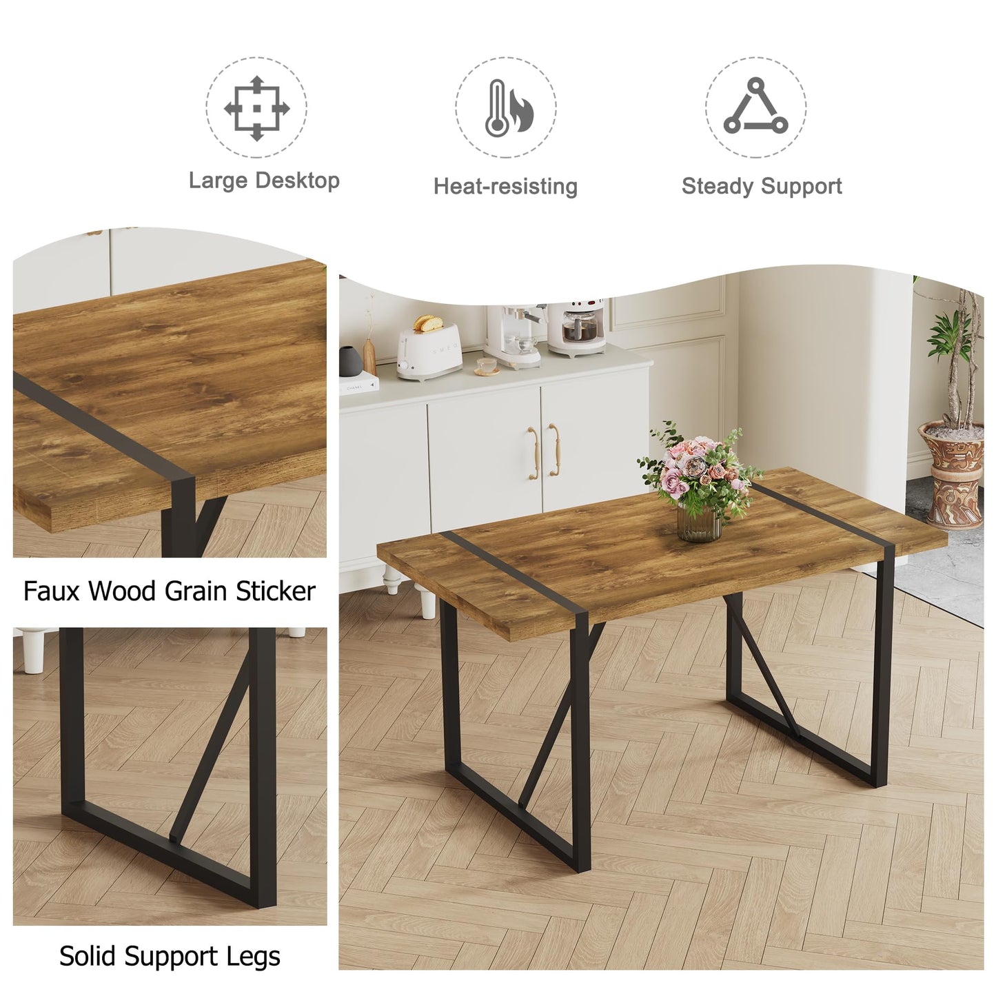 Ganooly Rustic 5 Piece Dining Room Table Set for 4 People, Mid Century Modern 55 Inch Rectangle Wood Kitchen Dining Table with 4 Fabric Chairs Set, Suitable for Kitchen Dining Room
