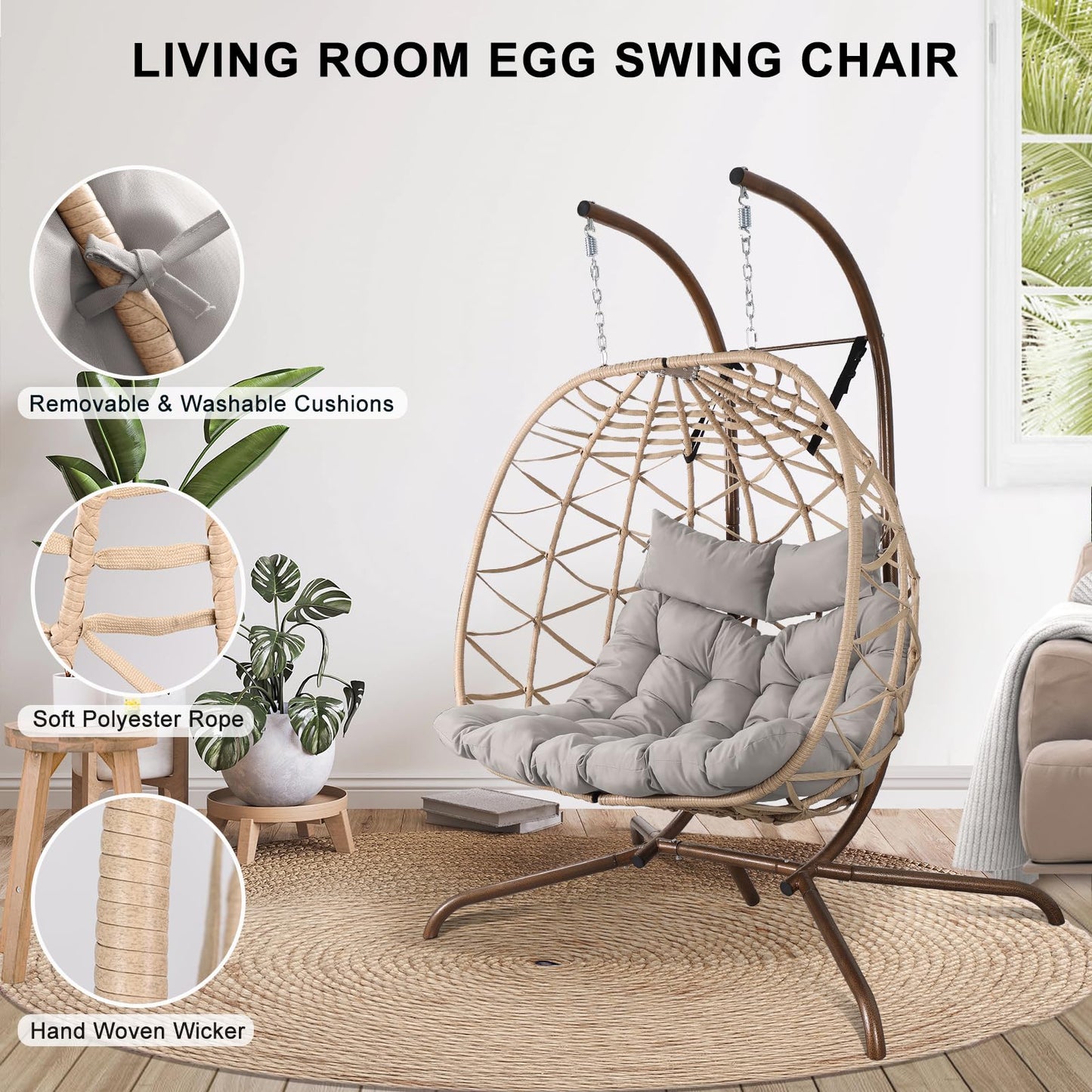 NOBLEMOOD Outdoor Egg Swing Chair with Stand, 2 Person Patio Swing Chairs with Thick Cushions and Pillows, Wicker Double Egg Chair Swing for Indoor Bedroom