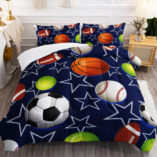BailiPromise Boys Sports Comforter Set Queen Football Baseball Basketball Soccer Tennis Bedding Set for Teens Kids Blue Star Comforter 3 Piece Bedroom Decor 2 Pillowcases Lightweight Microfiber