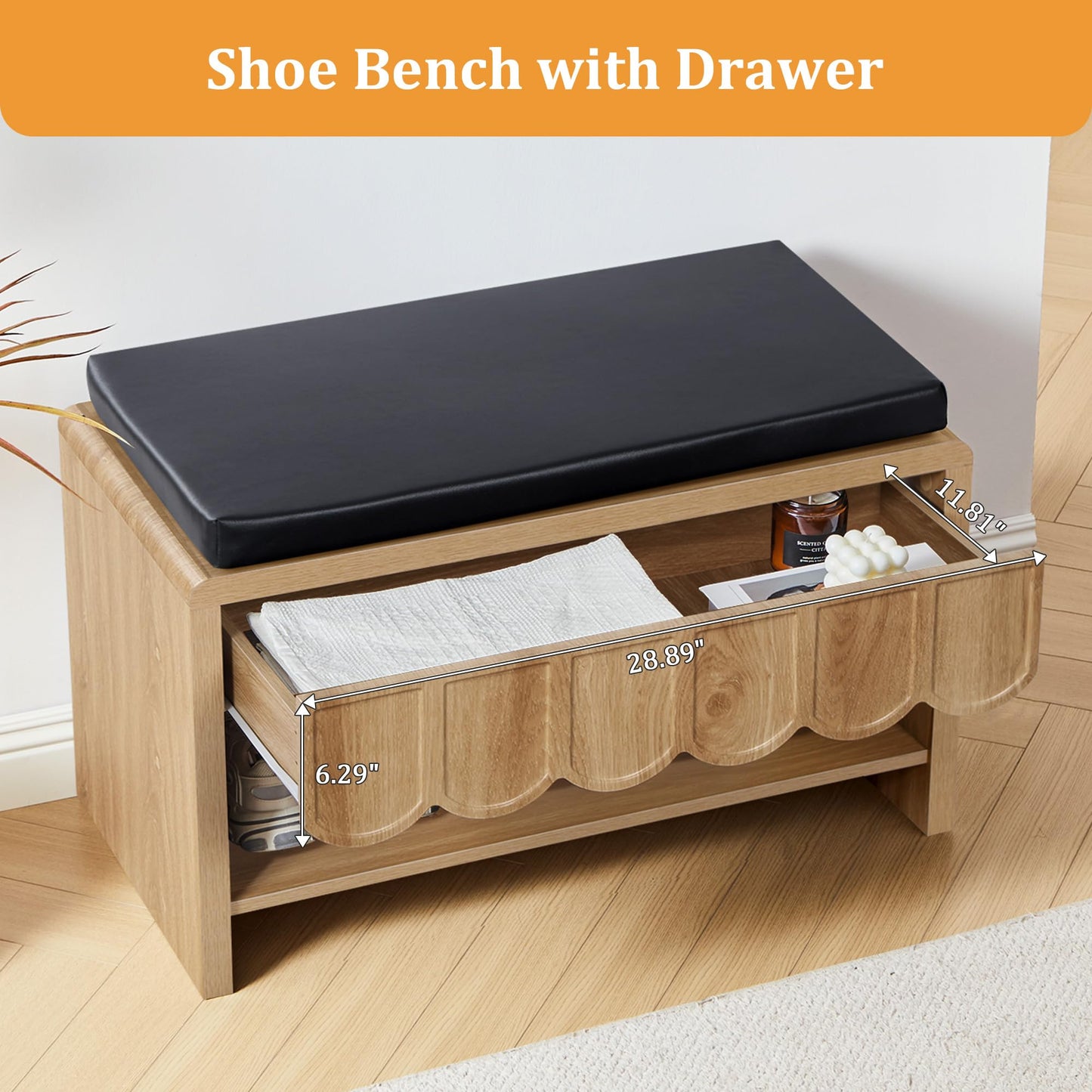 Shoe Storage Bench with Cushion, Shoe Rack Organizer Cabinet Bench with Wave Panel Drawer and Open Shelf for Entryway, Hallway, Living Room (Natural)