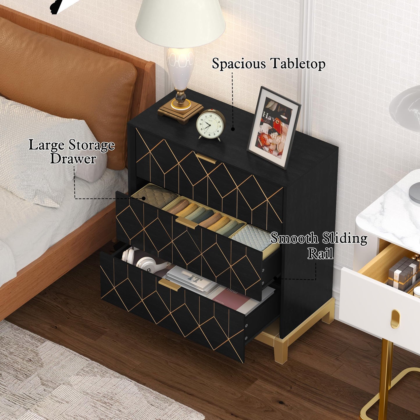HLR 3 Drawer Dresser for Bedroom, Modern Wood Chest of Drawers with Gold Trim, Accent Dresser Storage Tower, Black Organizer Cabinet for Closet, Living Room, Hallway, Entryway