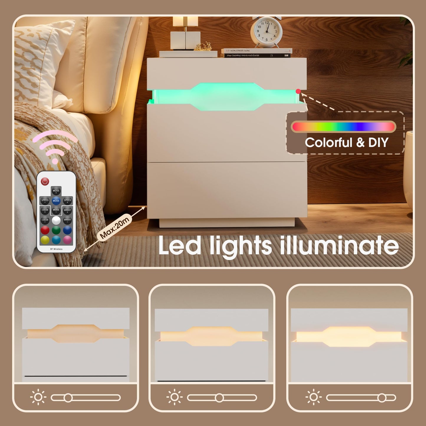 YESHOMY LED Nightstands Set of 2 with Charging Station and Sliding Top, Side Table with Large Capacity, Bedside Table with 2 Drawers, Modern Endtable for Bedroom, Pure White