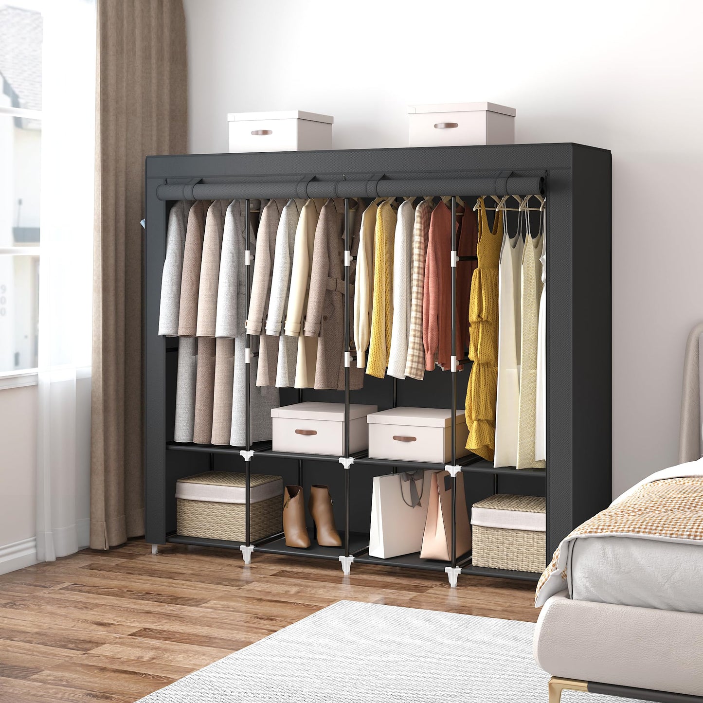 MOGELAFOO 67 Inch Portable Closet Wardrobe for Hanging Clothes, Wardrobe Closet with Cover, 4 Hanging Rods and Side Pockets, 8 Storage Shelves, Large Clothes Organizer for Bedroom, Living Room, Black