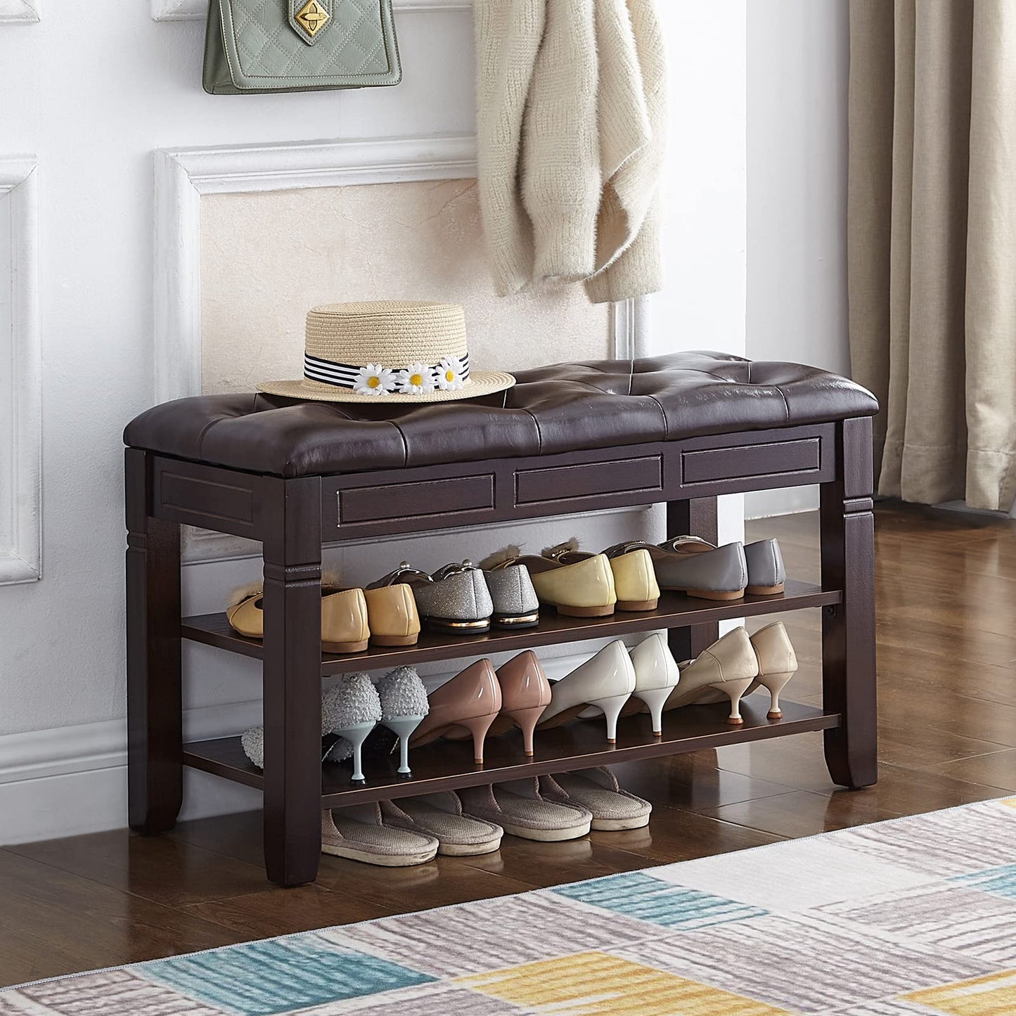 HOOTSMALL Shoe Storage Bench with Cushion, Entry Bench with Storage Solid Wood Shoe Bench Ideal for Entryway Living Room and Corridor (Brown, 31.5'')