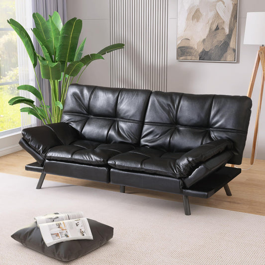 AMICLIBER 71" Convertible Futon Sofa Bed,Faux Leather Futon Couch Bed,Memory Foam Sleeper Sofa,Modern Folding Small Loveseat for Living Room,Office,Apartment,Bright Black